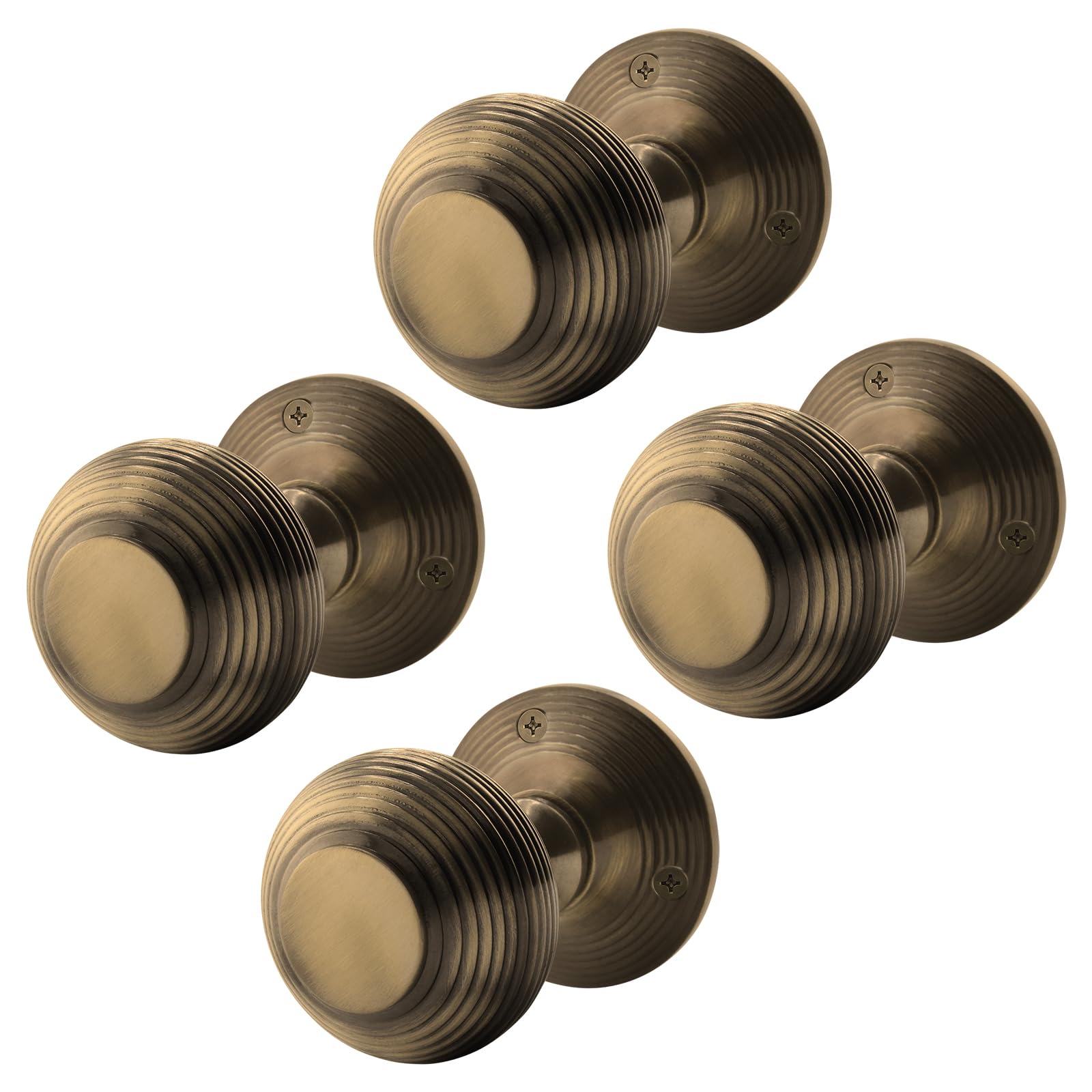 EAI Beehive Door Knobs Antique Brass | 2 Pairs of Reeded Mortice Knobs (55mm) for Internal Doors