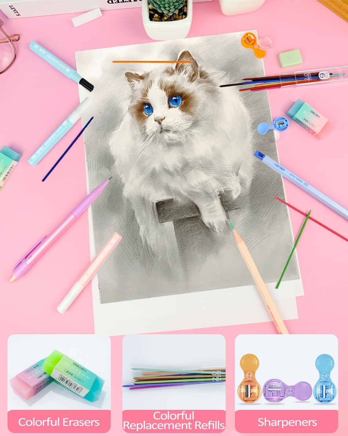 Mechanical Pencil Set with Pink Pencil Case,12X Pastel Mechanical Pencil 0.5mm-2.0mm with 564X HB+36X Color Leads for Writing, Drafting, Drawing, Sketching Ideal College Study Essentials - Image 7