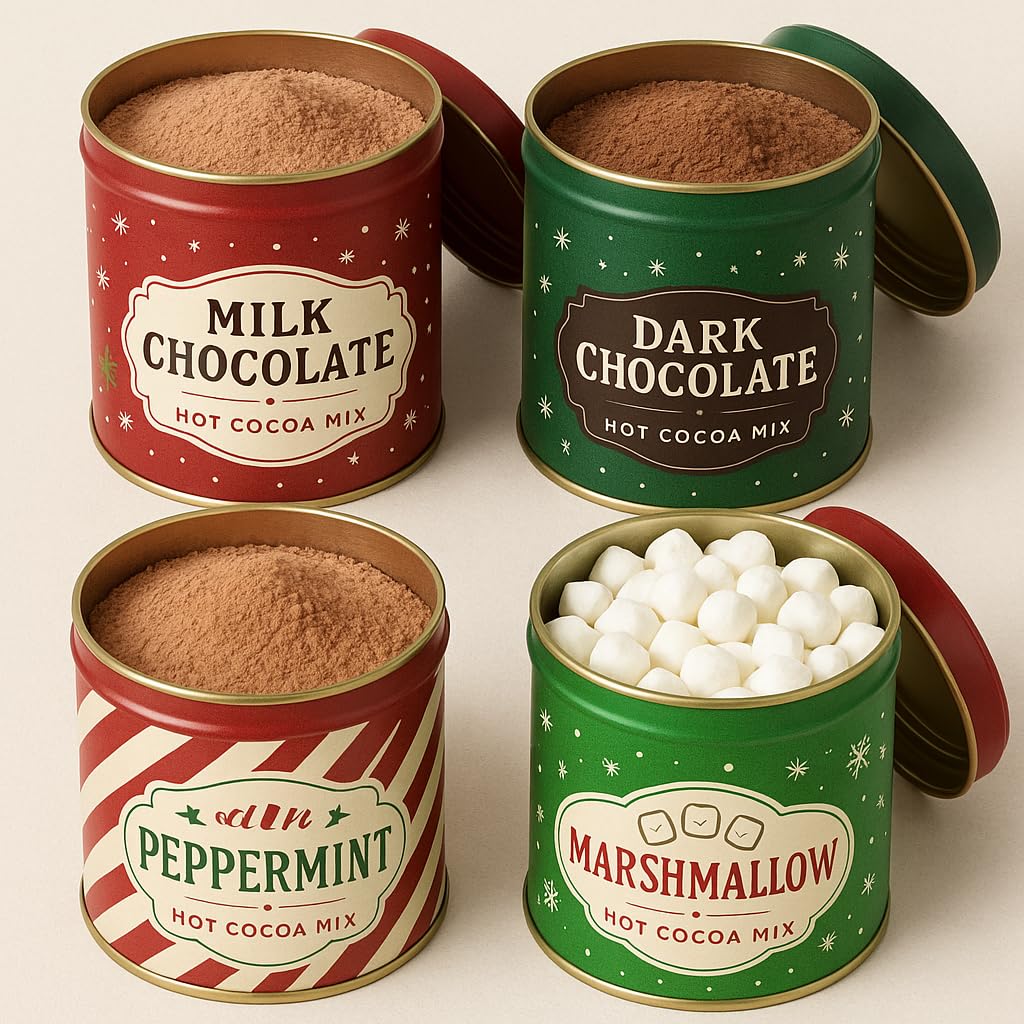 Hot Chocolate Cocoa Mix Gift Set 4 Pack Tins - Milk Chocolate, Dark Chocolate, Peppermint & Marshmallow Flavor | Gourmet Christmas Treat Holiday Gift Her Him Mum Dad Brother Sister Kids Coworker
