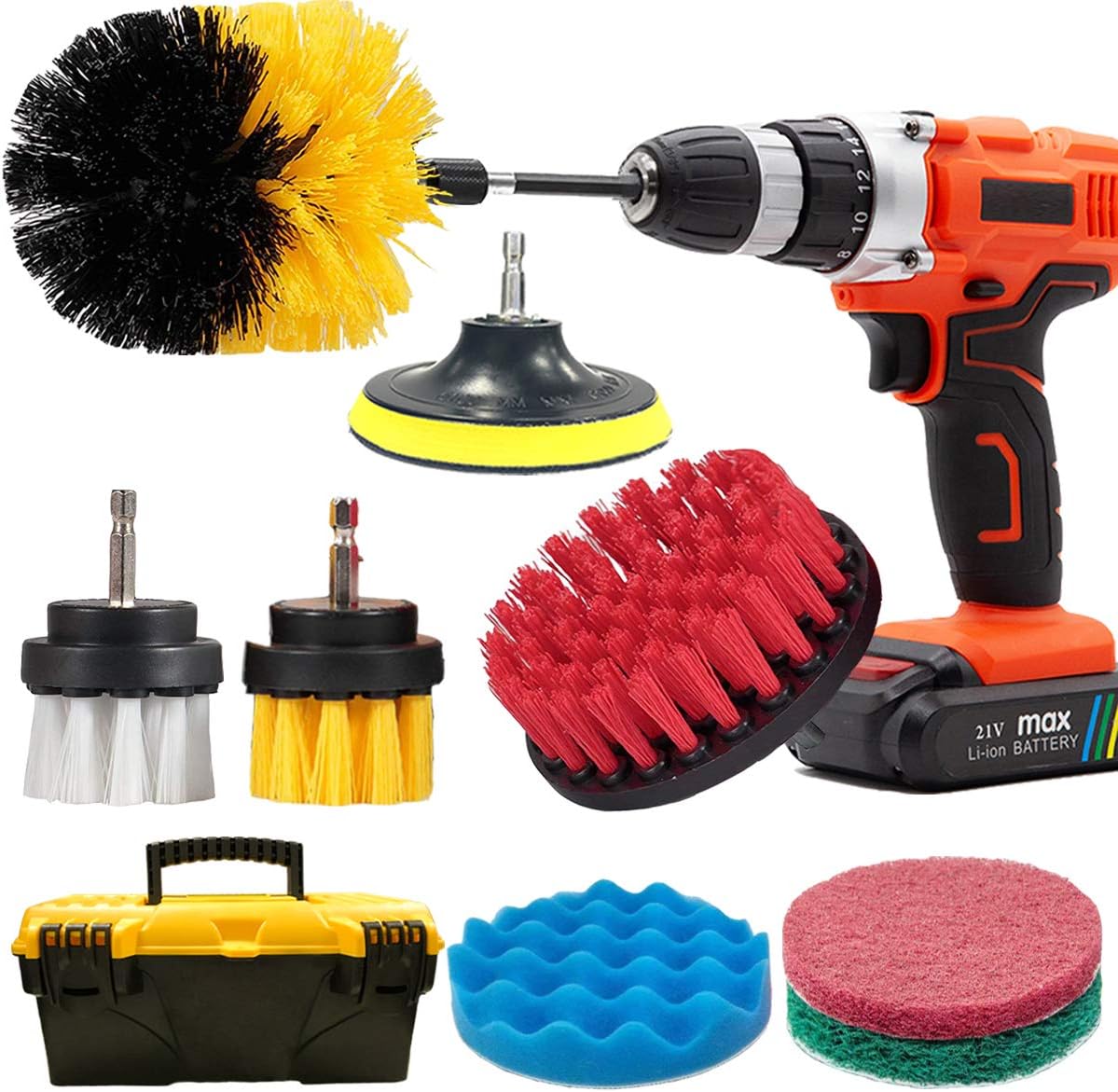 GOH DODD Drill Brush and Scrub Pads,11 PCS Variety Power Scrubber Cleaning Kit with Long Reach Attachment in Tool Box For Bathroom Shower Scrubbing, Carpet Cleaning, Grout Scrubbing, and Tile Cleaning
