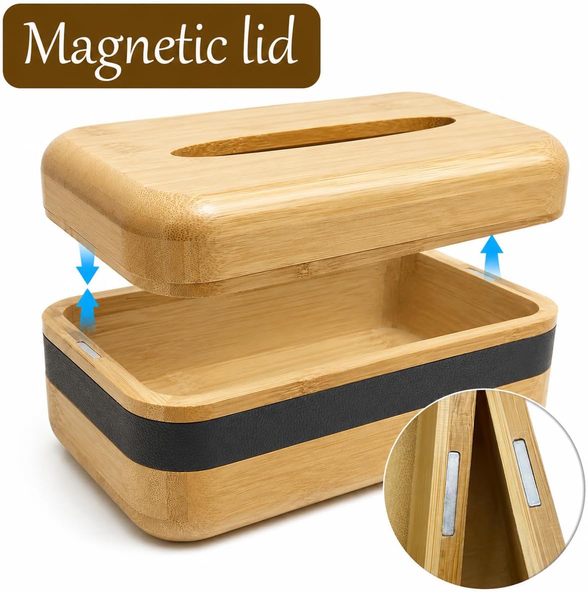 Tissue Box Cover,Bamboo Facial Tissue Holder with Magnetic Lid,Wooden Tissue Organizer Rectangle for Bathroom,Office Desk & Bedroom