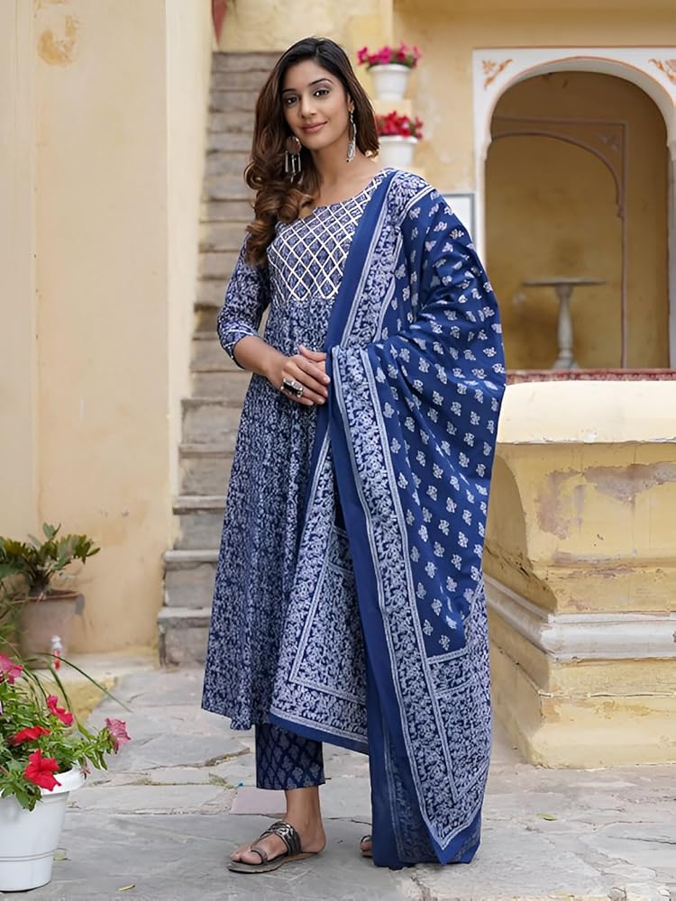 Amazon.com: INDACORIFY Indian Printed Cotton Kurti Beautiful Floral Print Casual  Dress With Pant Dupatta Set For Women's and Girls Suit (US, Alpha, X-Small,  Regular, Regular, Blue) : Clothing, Shoes & Jewelry
