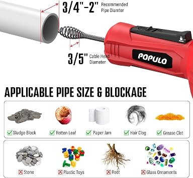 POPULO Auto-Feed 17FT Drain Snake Auger for 3/4-2 Pipe, Plumbing Snake Drain Auger with Drill Adapter, Sink Snake Drain Hair Remover for Kitchen, Bathroom and Shower Sink, PMDA-5