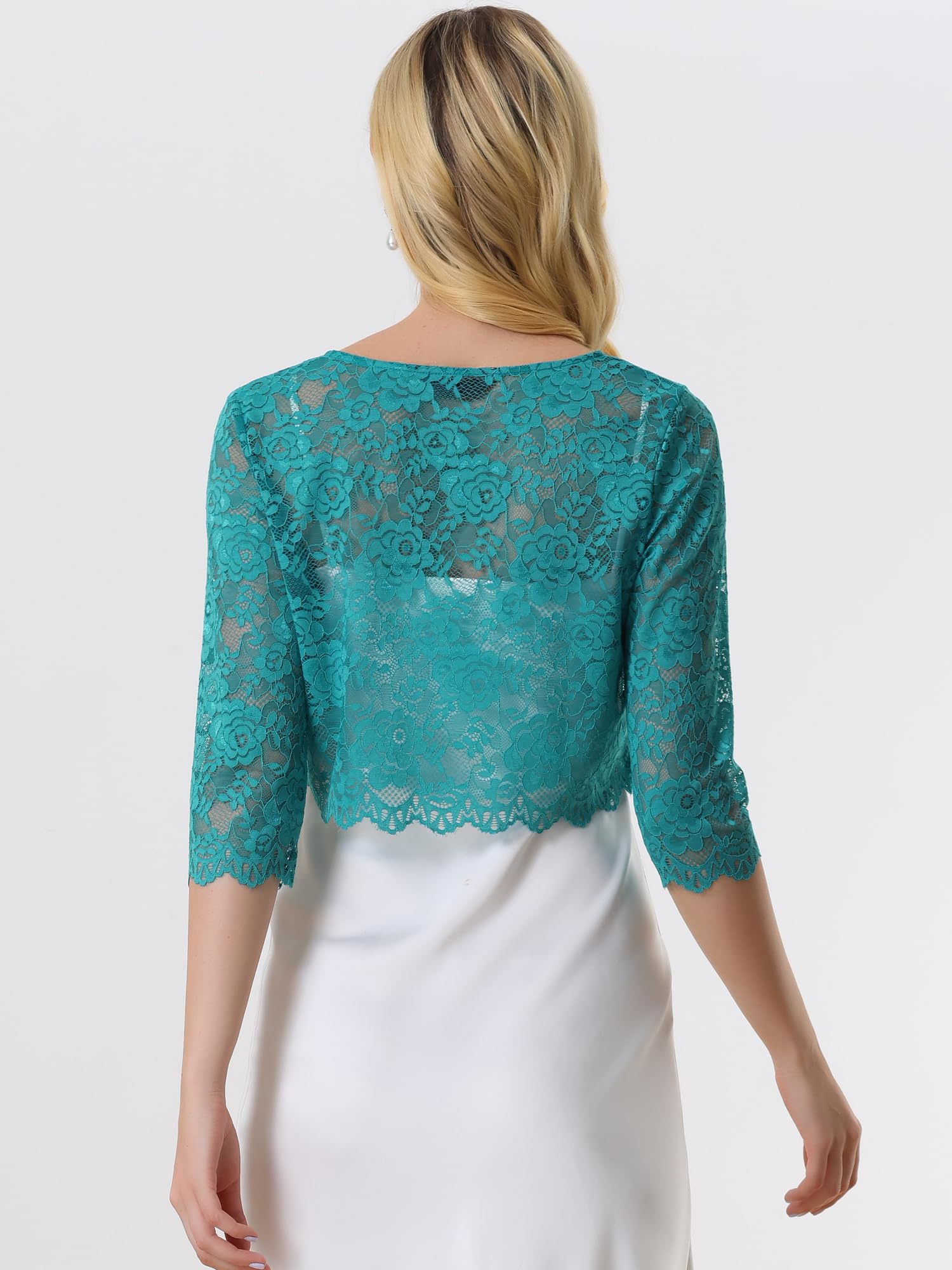 Allegra K Cardigan en dentelle ouvert sur le devant pour femme - Élégant - Motif floral - Boléro court en dentelle, vert malachite, Taille M