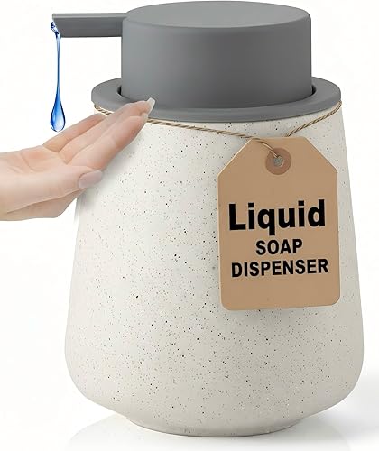 Lareina Dispensador de jabón de cerámica de 12 onzas, bomba extraíble gris, recargable, diseño moderno para baño y cocina, color beige mate moteado
