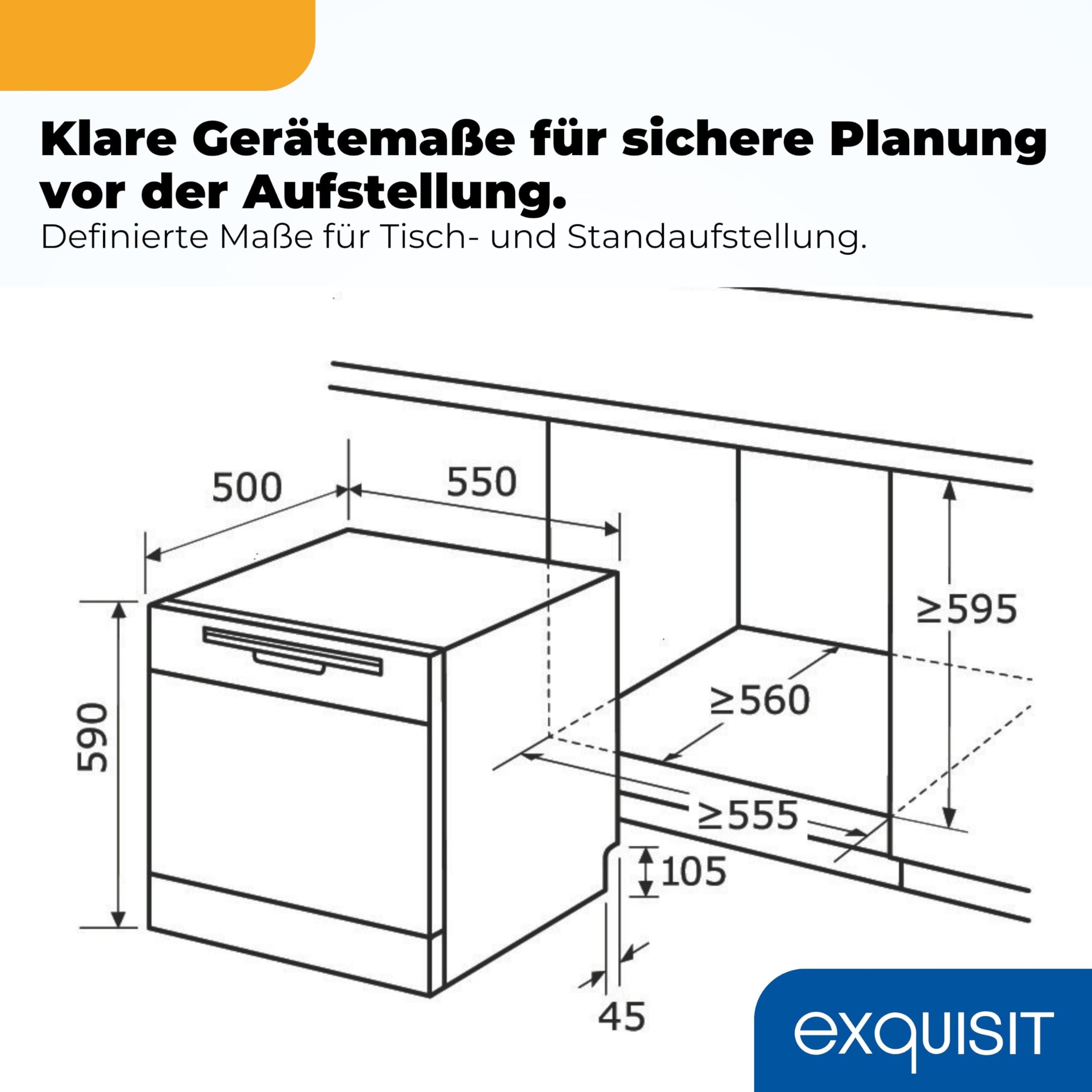 Exquisit GSP5508-030D Tischgeschirrspüler Spülmaschine Weiß 8 Maßgedecke Energieklasse D 7 Programme Extra-Trocknung Auto Door Open Innenbeleuchtung Startzeitverzögerung 49 dB