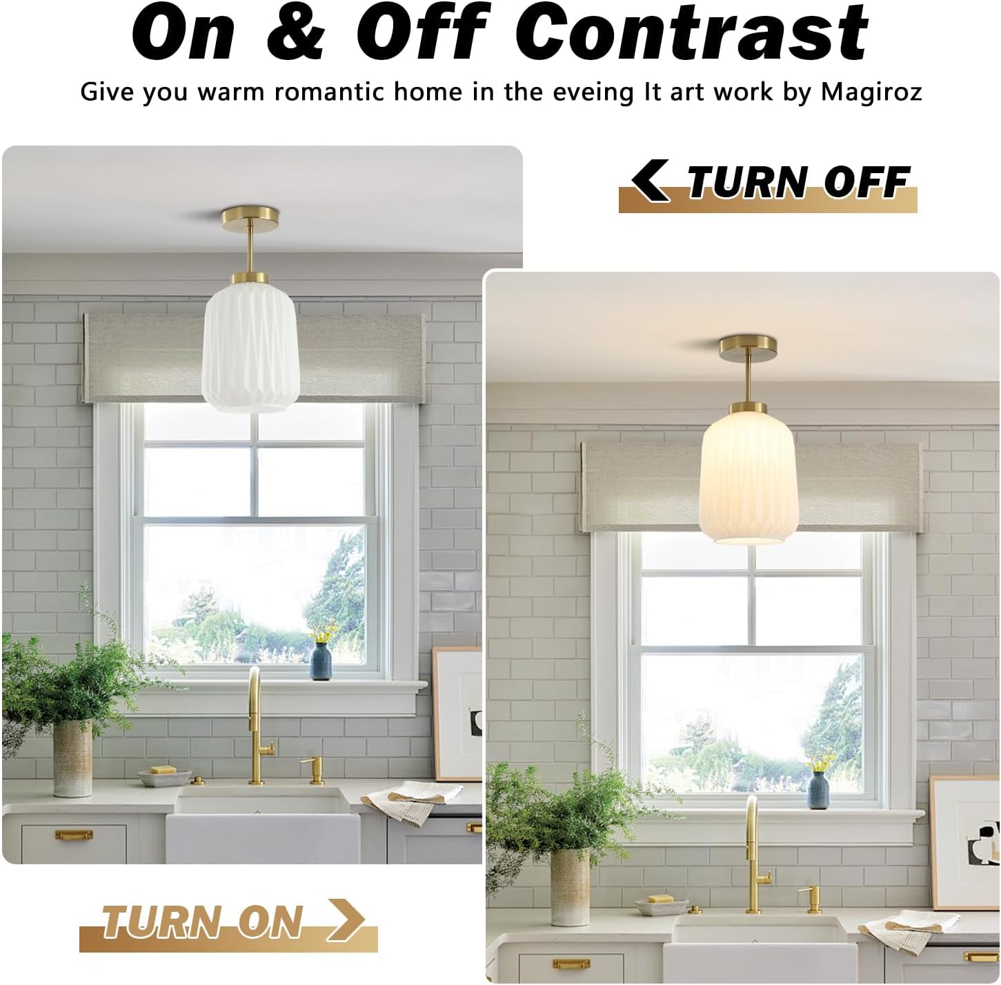 Modern Farmhouse Gold Semi Flush Mount Ceiling Light Retro Milky White Glass Ceiling Lamp Brushed Brass Living Room Hallway Close to Ceiling Light Fixture for Kitchen Entryway Bedroom MCL14-A