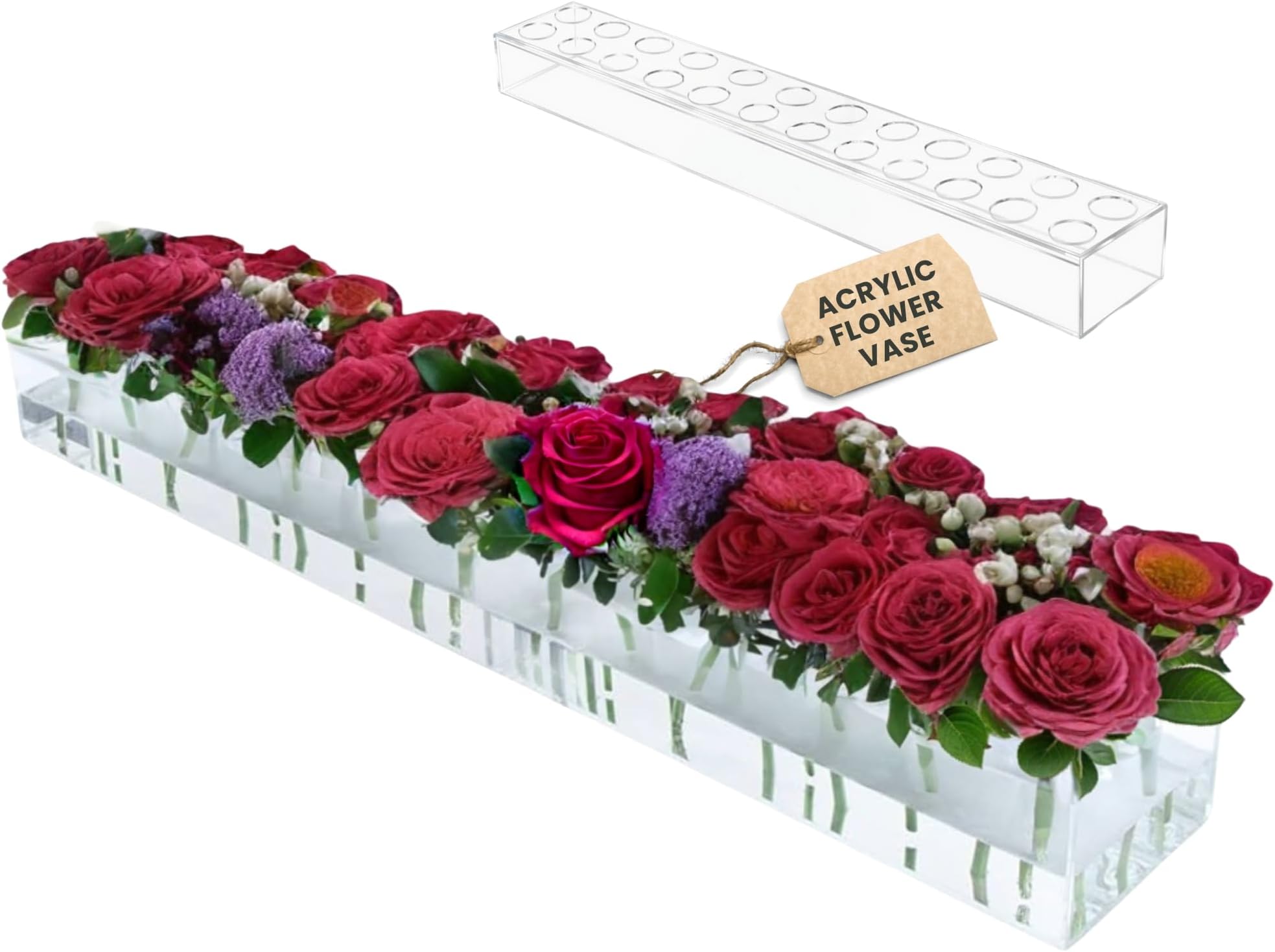 Acrylic Flower Vase Rectangular, Clear Floral Centerpiece for Dining Table 24 Inch Long Rectangle Acrylic Vase for Home Wedding Dining Table Decor (24 Holes)
