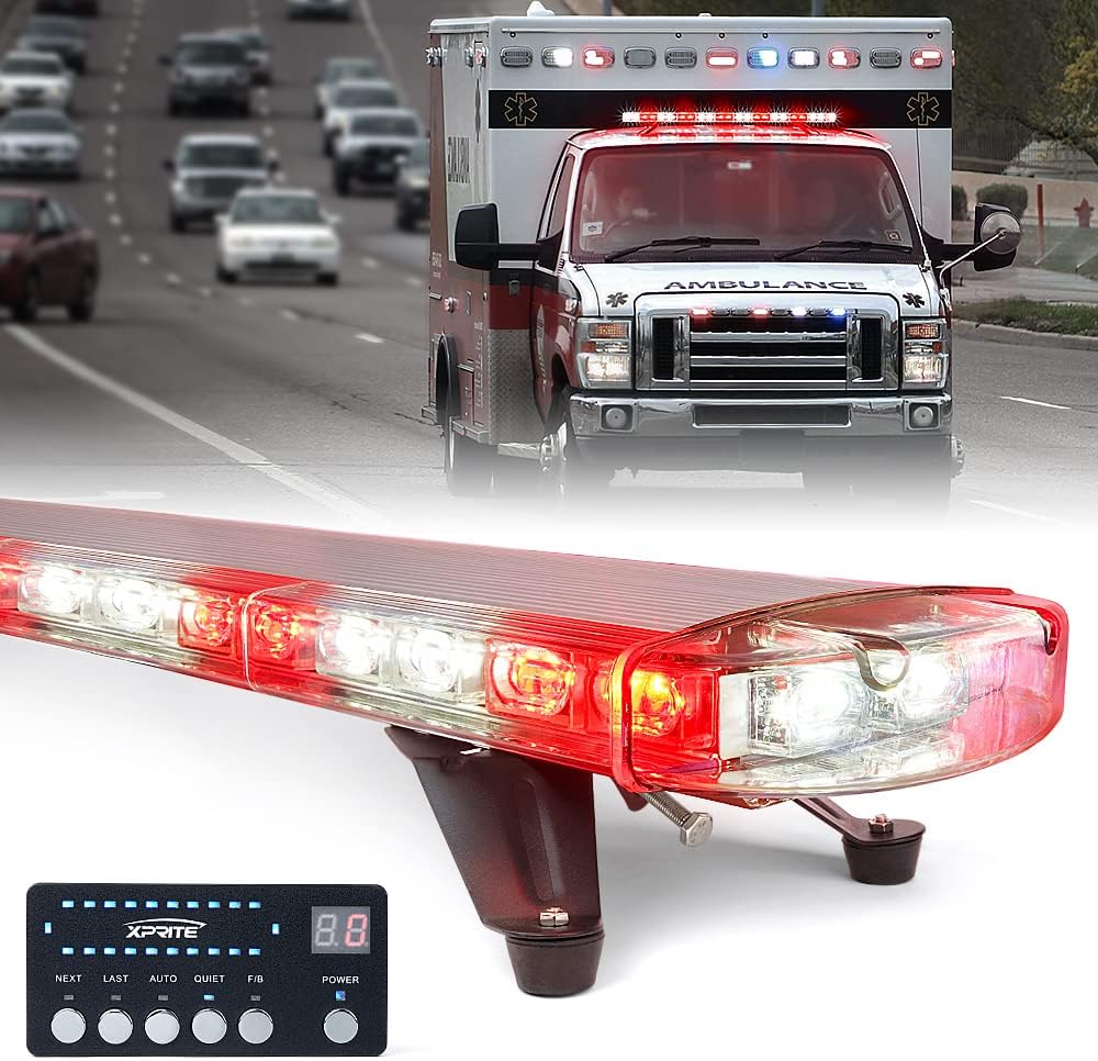 Xprite 48 Inch LED Rooftop Emergency Strobe Warning Lights Bar w/Adjustable Mounting Brackets, for Vehicles, Security, Law Enforcement, Snowplow, Tow Trucks, Crane, Construction Cars - White Amber