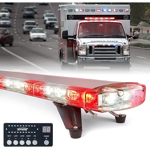 Xprite 48 Inch LED Rooftop Emergency Strobe Lights Bar w/Adjustable Mounting Brackets, Warning Flashing Lightbar for Security POV Rescue Tow Trucks Firefighter Ambulance First Responder - White Red