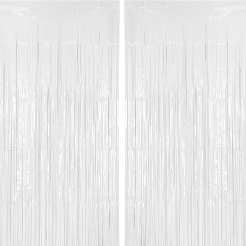 Paquete de 2 cortinas de oropel blancas de 3.2 x 8.2 pies, decoración de telón de fondo de fiesta, cortina metálica con flecos para bodas, fiestas,