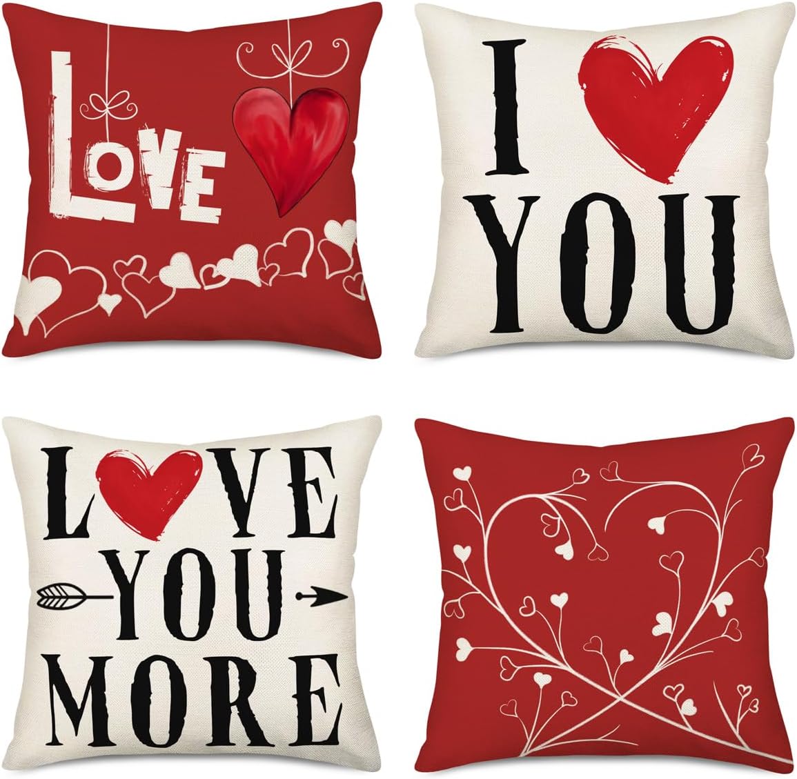 Fukeen Valentine’s Day Pillow Covers Set of 4 24x24 Inch White Red Heart I Love You More Arrow Farmhouse Decorations Throw Pillows Valentine Quotes Saying Cushion Cover Couch