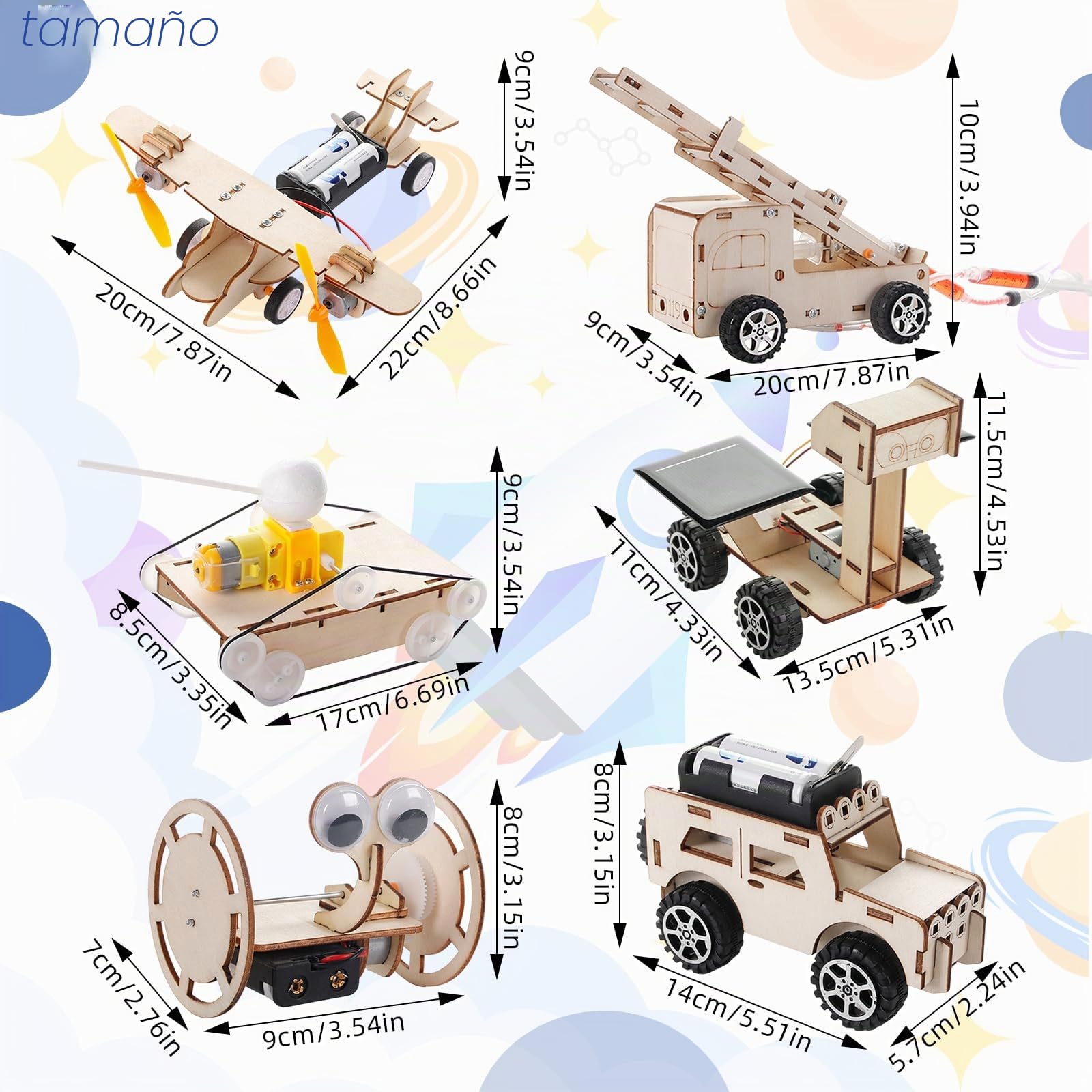 6 piezas de set de experimentos, kit de electrónica, kit de experimentos, kit de electrónica 6-en-1 de madera STEM experimentos ciencia conjunto de madera coches aviones vehículos espaciales regalo
