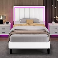 Vista 11 de Marco de cama tamaño completo, marco de cama tapizado con luces LED, cama de plataforma con cabecero, soporte de listones de madera y metal