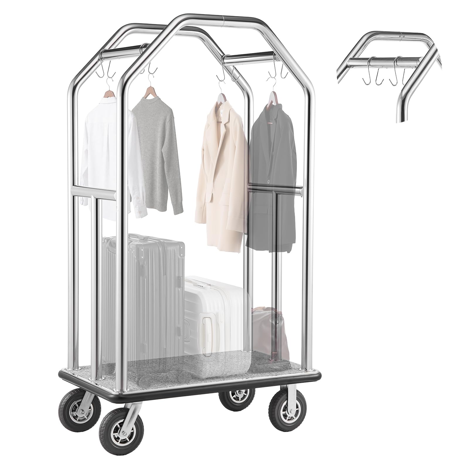VEVOR Carrello Portabagagli per Hotel, Portata Max 680,39 kg, Carrello Bagagli Hotel con Telaio in Acciaio Inox, Ruote in Gomma da 203 mm, Pianale Rivestito in Moquette Grigia, per Alberghi e Resort