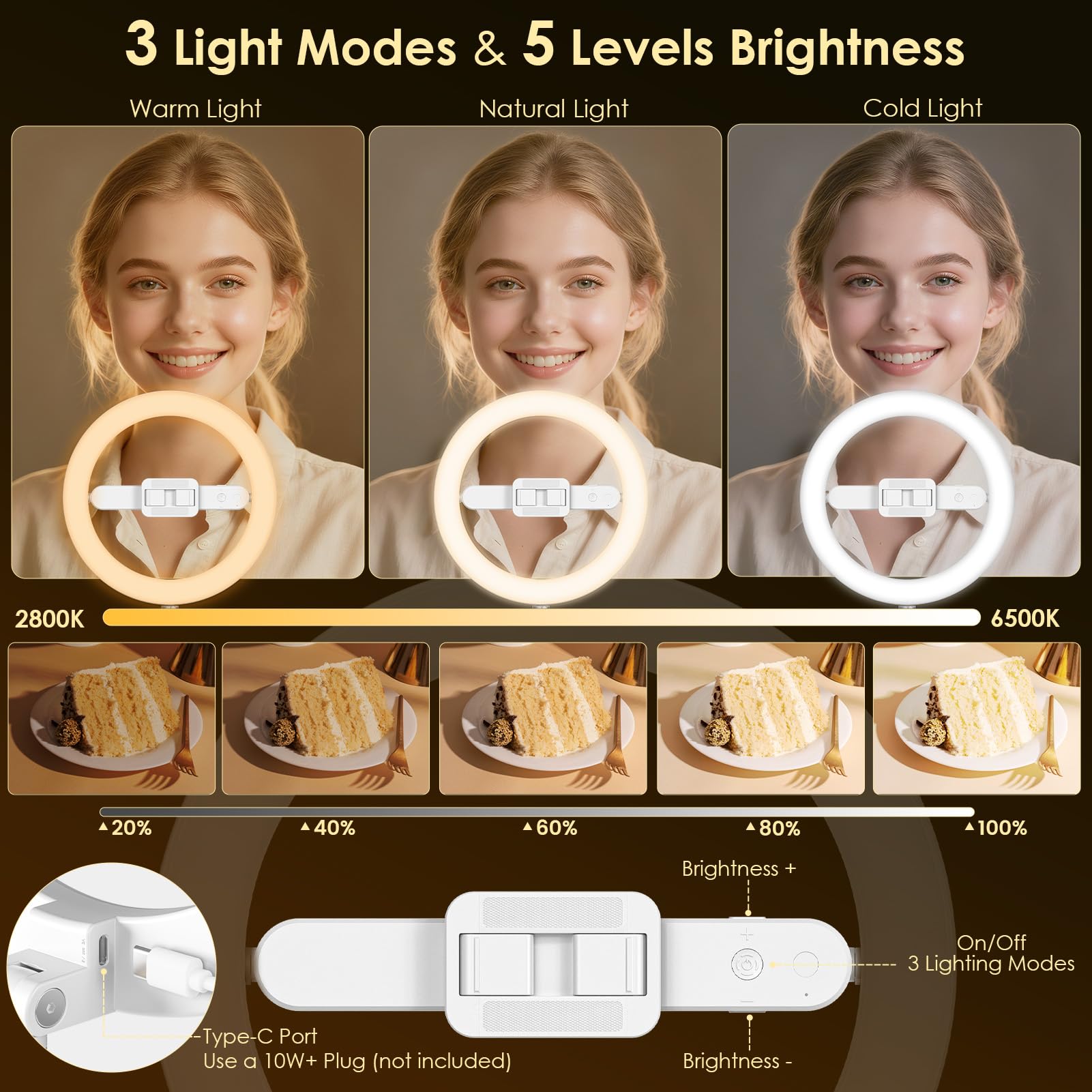 Luce ad anello da 25,4 cm con supporto, treppiede con luce per selfie dimmerabile e supporto per telefono per registrazione video, fotografia, live streaming, TikTok e YouTube