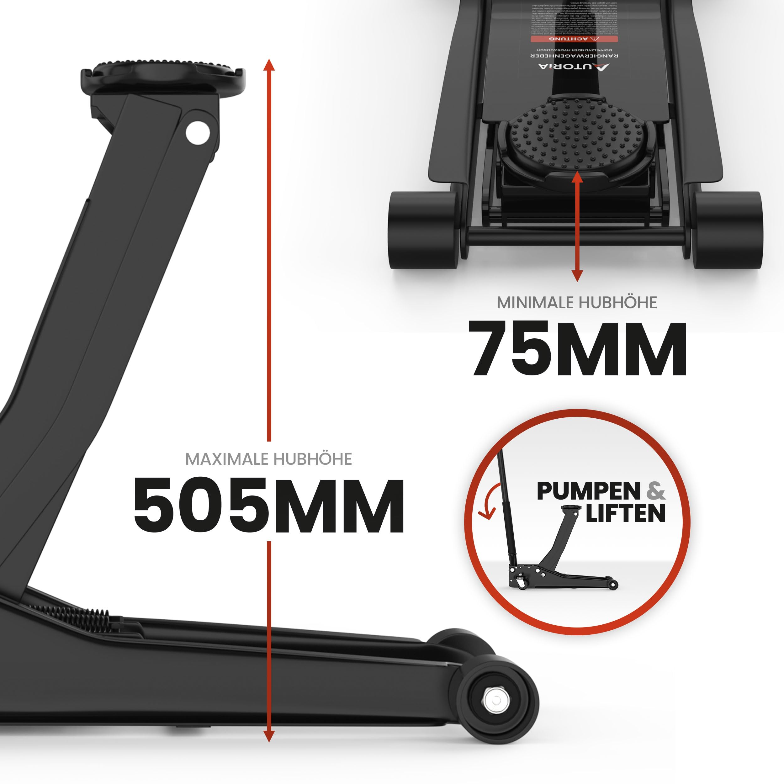 Wagenheber 3T hydraulisch – Flacher Rangierwagenheber mit 2X Gummiauflage & Doppelkolben – Quicklift ab 75 mm Hubhöhe – für PKW, Auto & SUV – bis 3 Tonnen Tragkraft – Profiheber