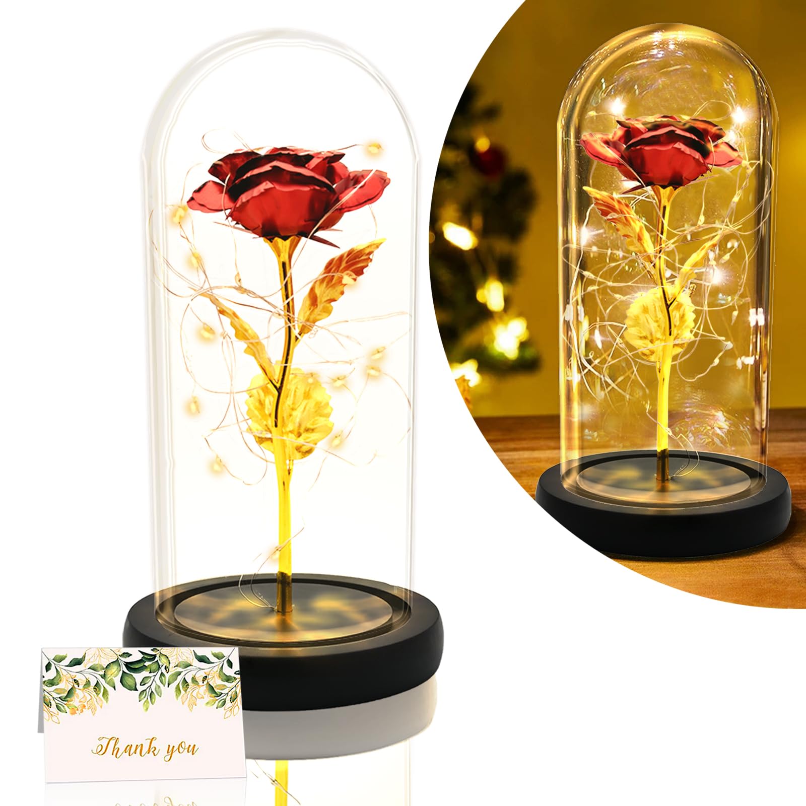 Rosa In Vetro Con Luci LED 20 Luci Calde - Cupola Di Vetro Con Base Legno E Rosa Placcata Oro 24K - TINYOUTH