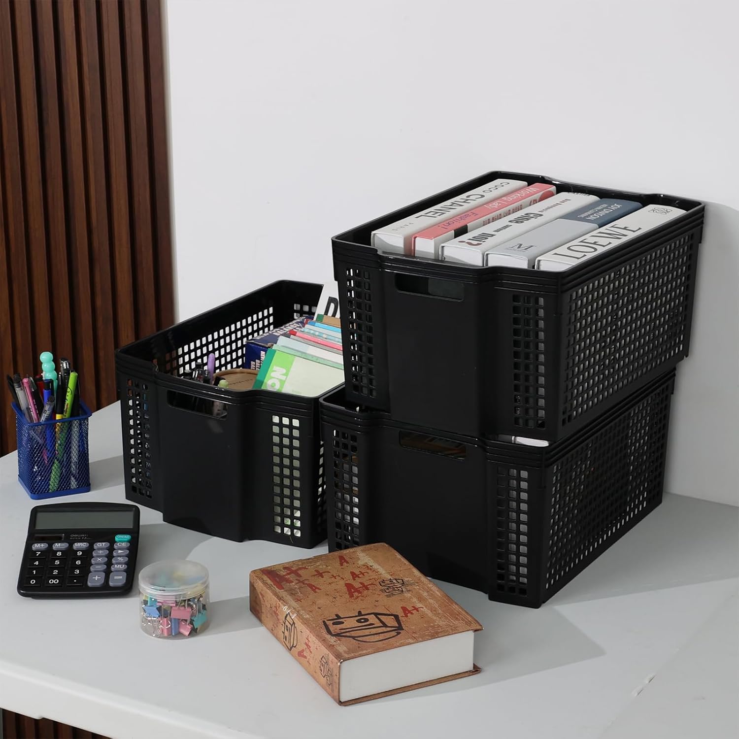 Obstnny Deep Stacking Storage Baskets, 6-Pack Plastic Stackable Laundry Organizing Basket Bin, Black