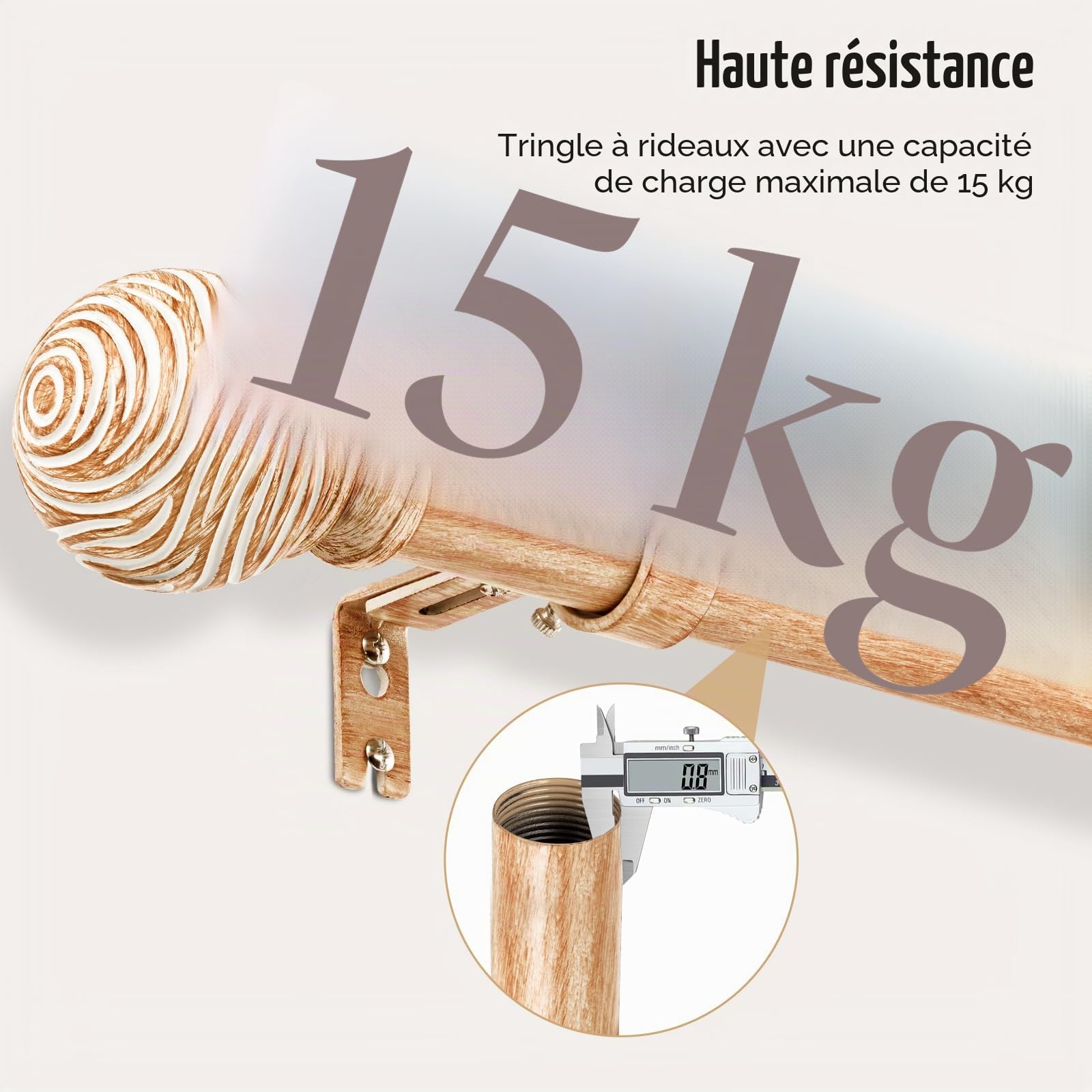 Tringle à Rideau Extensible 76-219 cm | Ø 25 mm à Aspect Bois | Montage Mur ou Plafond | Pour Salon, Chambre & Terrasse, Brun