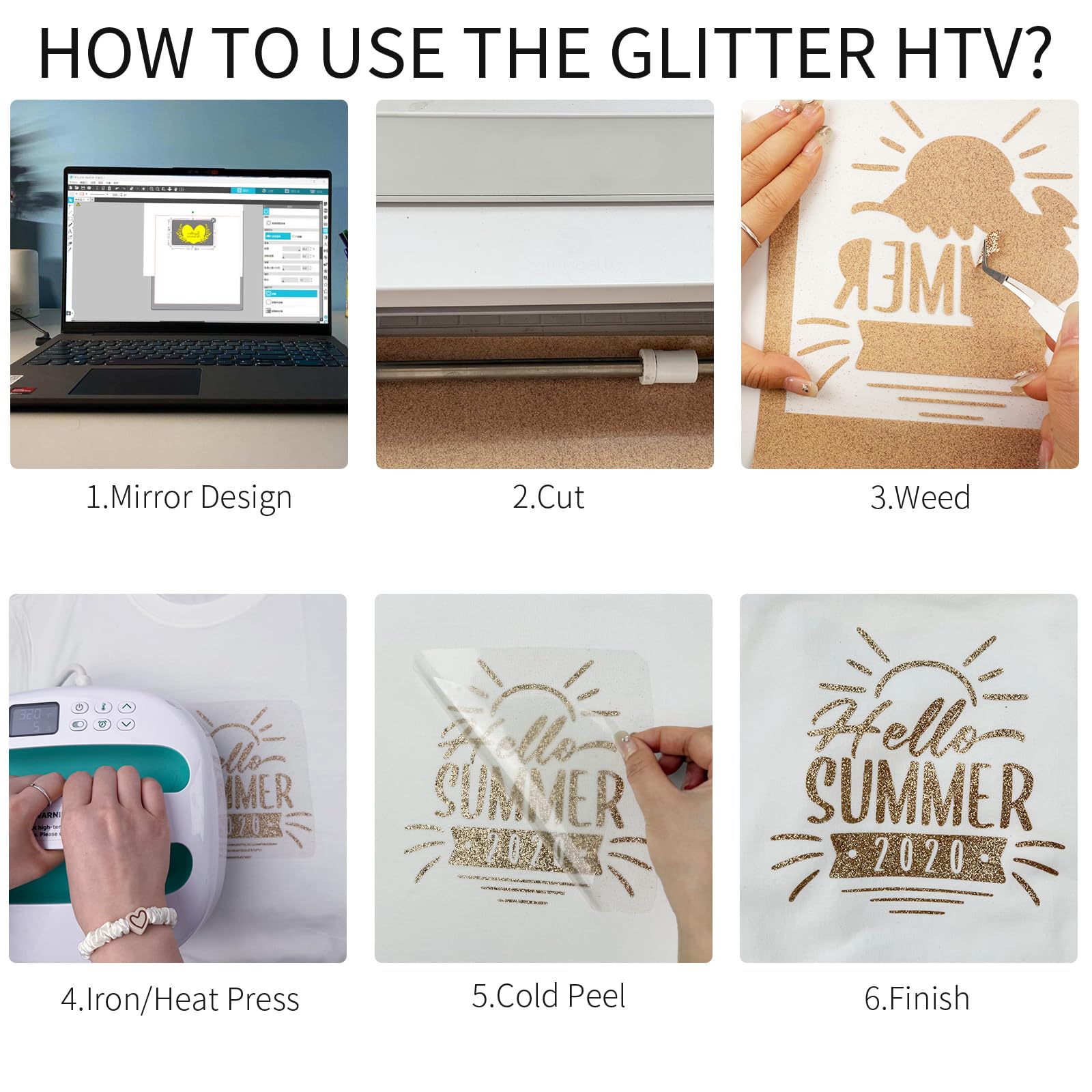 Vinile Termoadesivo per Tessuti, Oro Glitter HTV Termovinile per Tessuti 30,5 x 182 cm Oro Vinile Termoadesivo Pellicola per Plotter con Glitter Heat Transfer Vinyl per Cricut Fai da Te Magliette