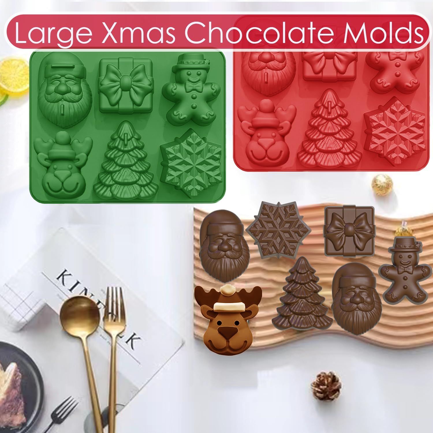 Christmas Baking Molds Silicone 2 PCS, Large Size Christmas Silicone Molds for Baking Cakes Soap Ice Cube Jello Resin Candles Wax Melts