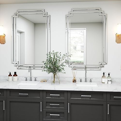 Miniatura 4 de Espejo de pared decorativo de 28 x 40 pulgadas para decoración, espejo de baño grande con piezas de vidrio y borde biselado, espejo rectangular