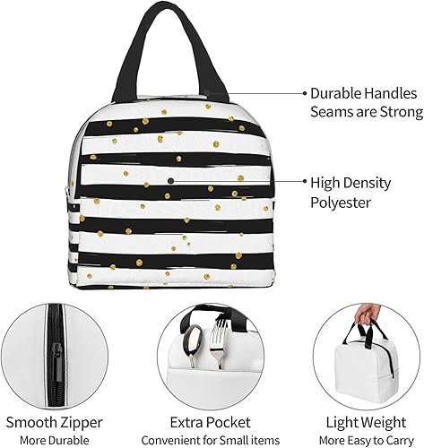 Miniatura 4 de Bolsa de almuerzo con tiras blancas y negras, bolsa compacta con lunares dorados, reutilizable, contenedor para mujeres, hombres, escuela, oficina,