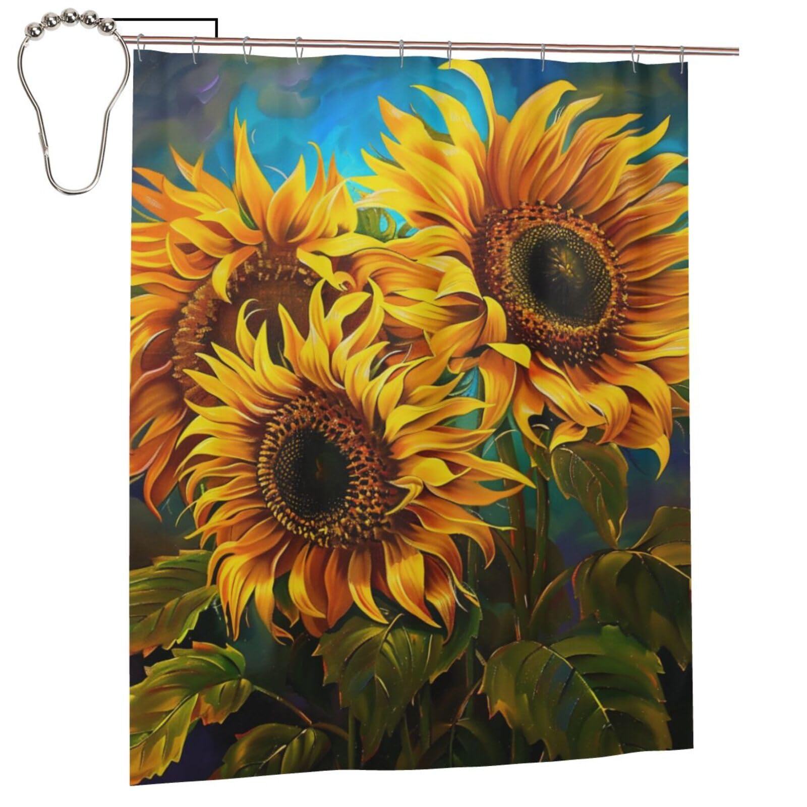 BWWHCCTI Sunflowers Painting Printed Shower Curtain With 12 Iron Hooks Opaque Quick Drying Waterproof Shower Curtains Sets For Bathroom 152x183 Cm