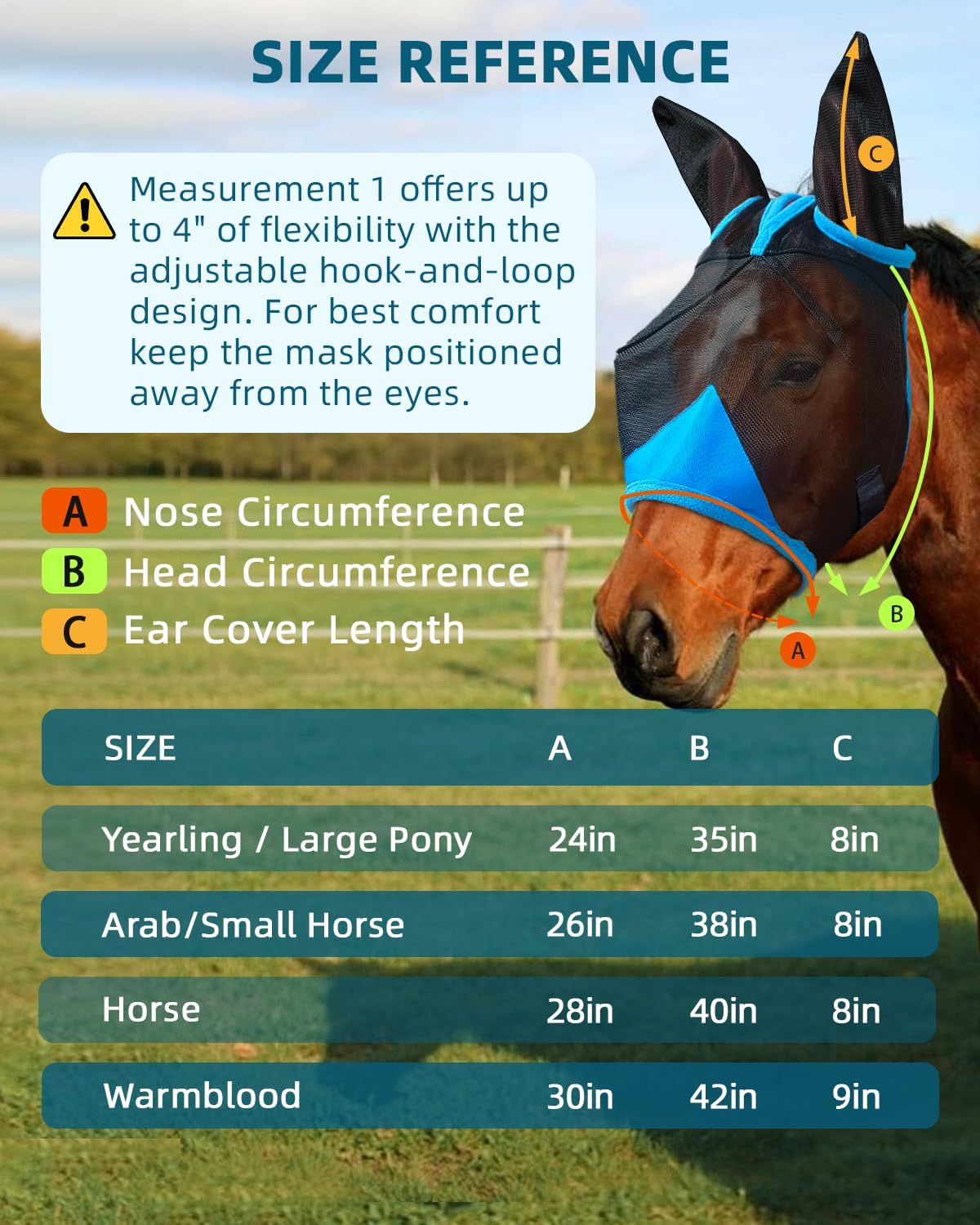 Hilltown Fly Mask for Horse with Ears - UV-Block, Large Eye Space, Adjustable, Breathable, Built to Last for Daily Stable, Hot Weather Riding and Competition - Horse, Blue