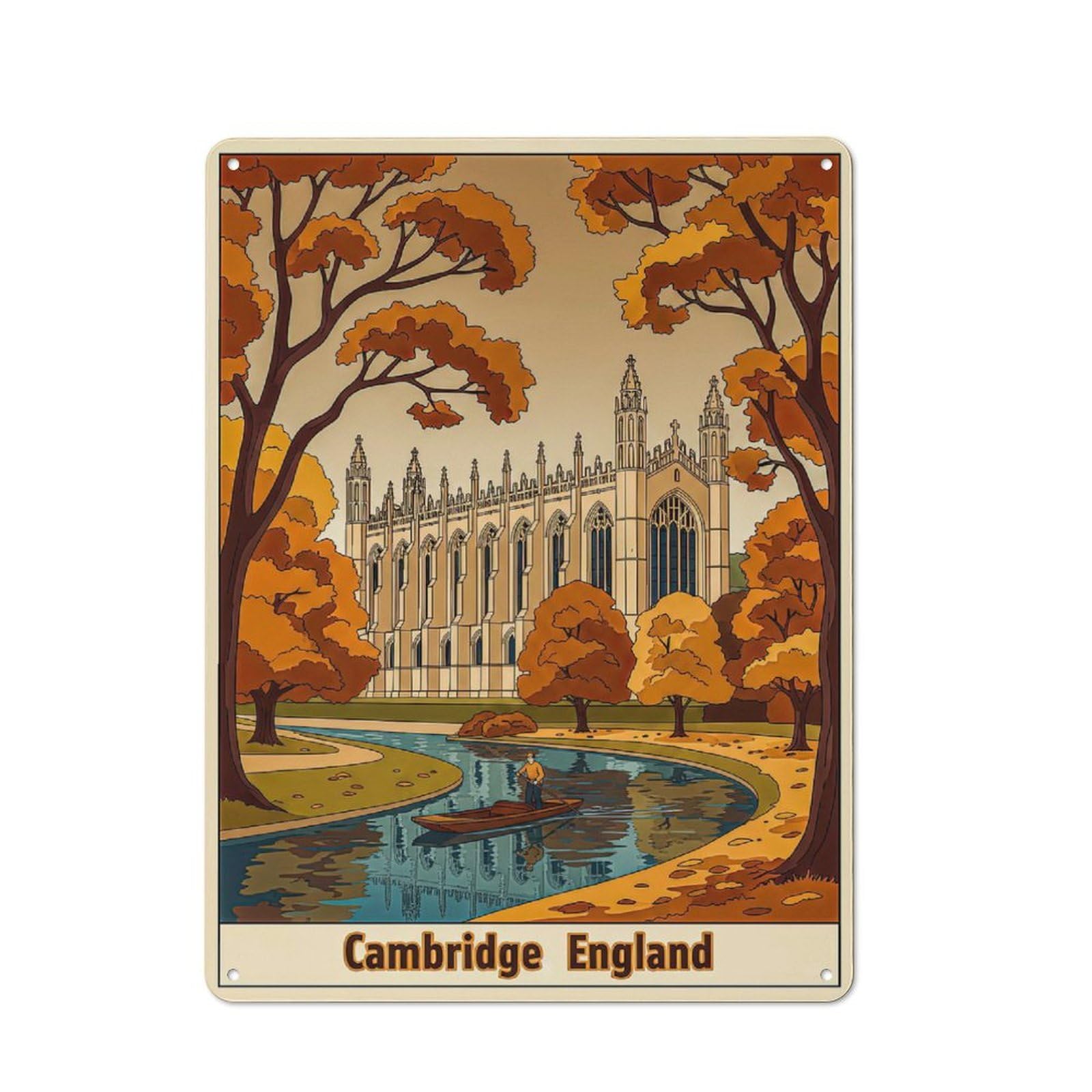 Junmoney Style-3 Metal Wall Plaque With Cambridge England Autumn Scene Design 40X30cm, Simple Retro Studio Wall Plaque For Hobby Room, Office, Lounge Or Living Room
