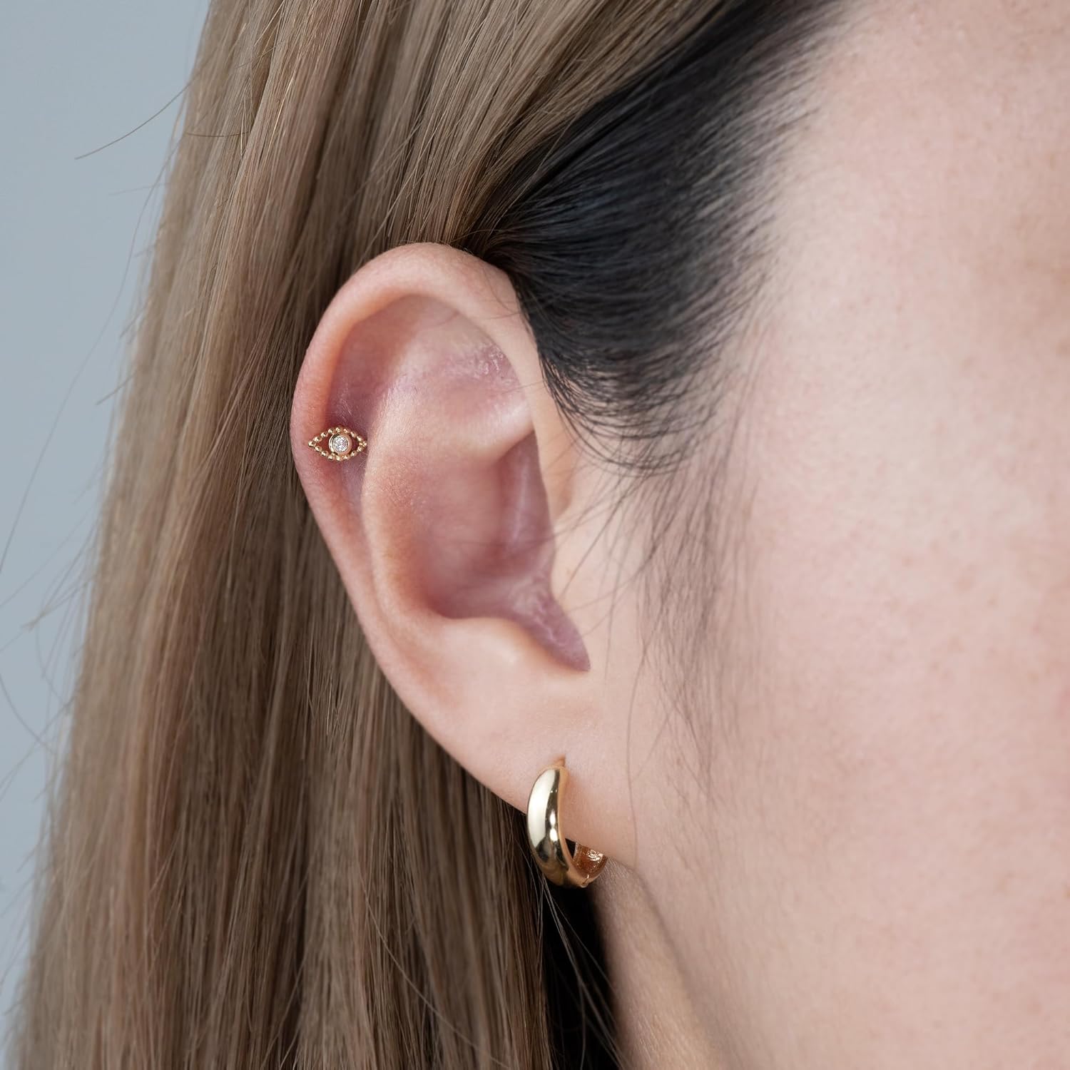 ANYGOLDS 14K Solid Gold Evil Eye Diamond Cartilage Stud Earring - 18-gauge Tragus, Helix, Conch, Rook, Daith Piercing Jewelry - Screw Back Ear Post Stud - Perfect Minimalist Design - Sold as a Single