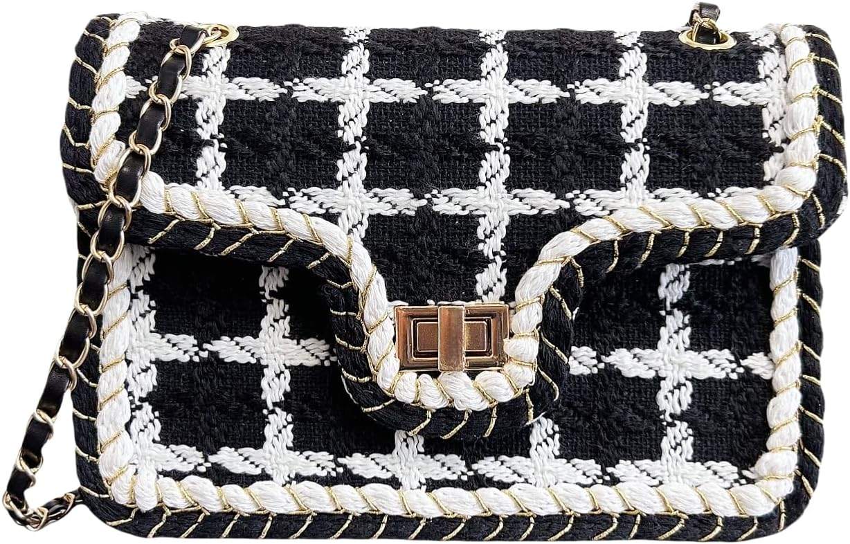 Checkered Crossbody Bag for Women, Cute Black & White Woven Shoulder Bag Small Lightweight Trendy Cross Body Purse Handbag