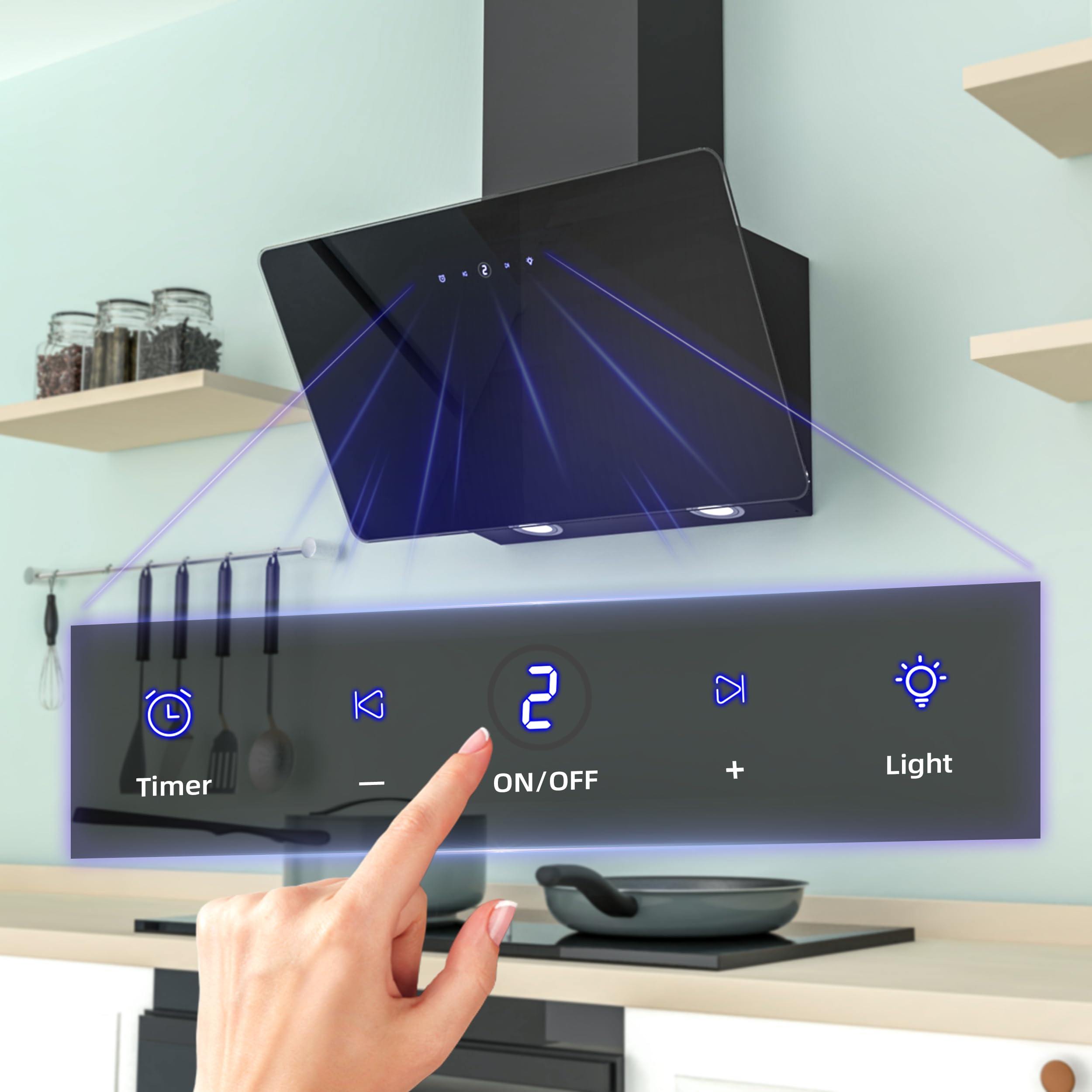 FIREGAS Hotte aspirante 60cm, Hotte aspirante à évacuation/circulation d'air avec Touch Control,LED, Moteur sans balais,silencieuse, Hotte aspirante puissante, Hotte inclinée, efficacité A++