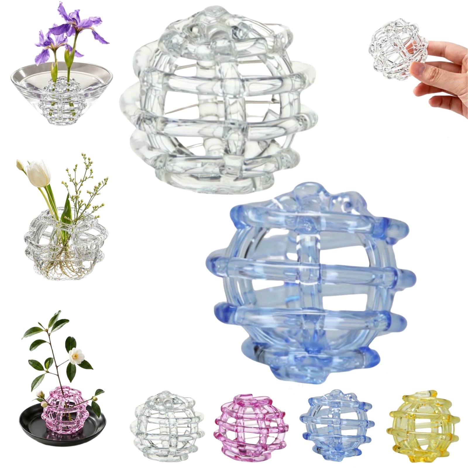 Solución para arreglos florales caídos con soporte de vidrio transparente y azul