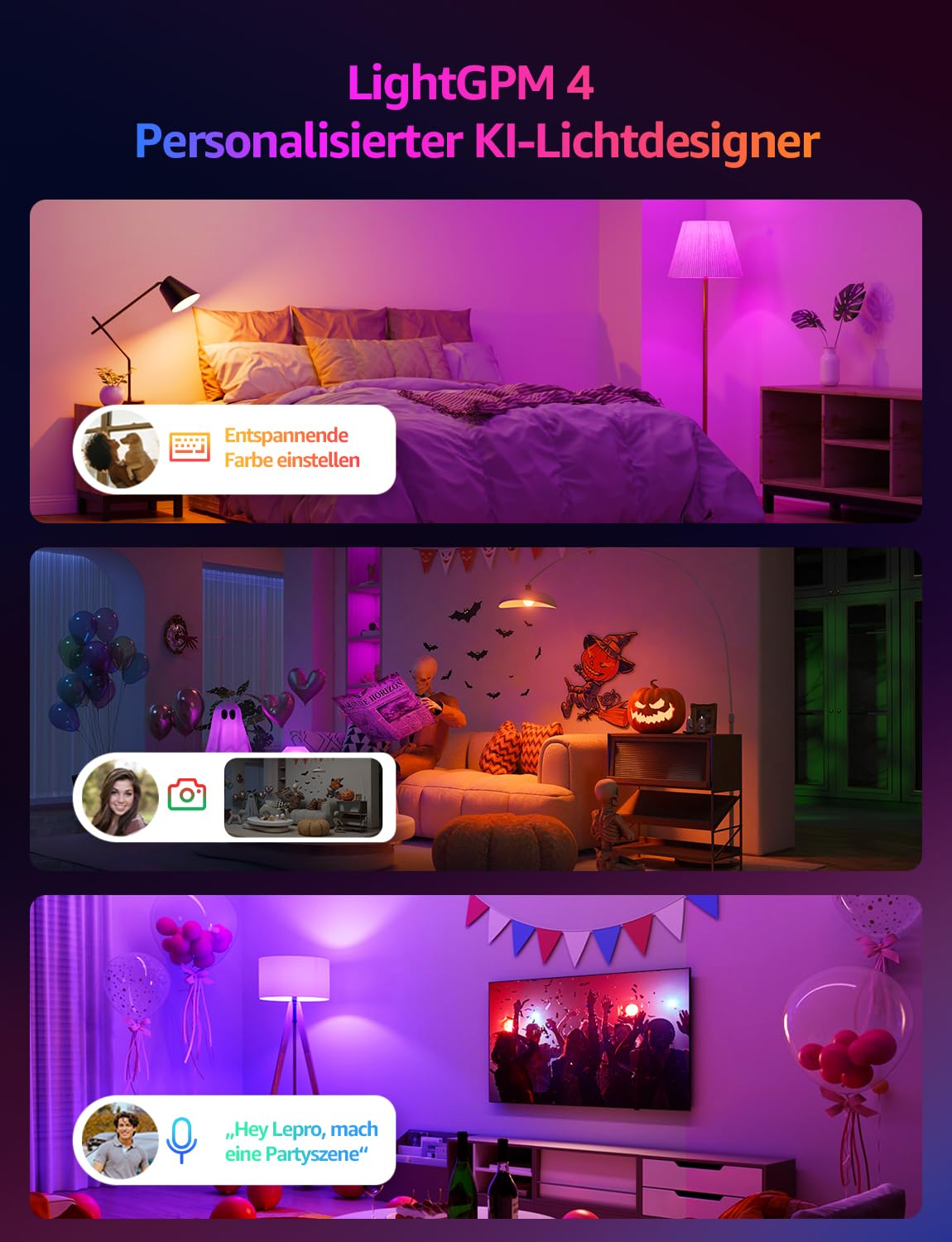Lepro AI Smart Glühbirne B2, E27 lampe 10W 1100lm Dimmbar, Personalisierter KI-Lichtdesigner, Sprachsteuerung/Musik Sync, WiFi & Bluetooth Smart Bulb, Kompatibel mit Alexa/Google Assistant, 4 Stück