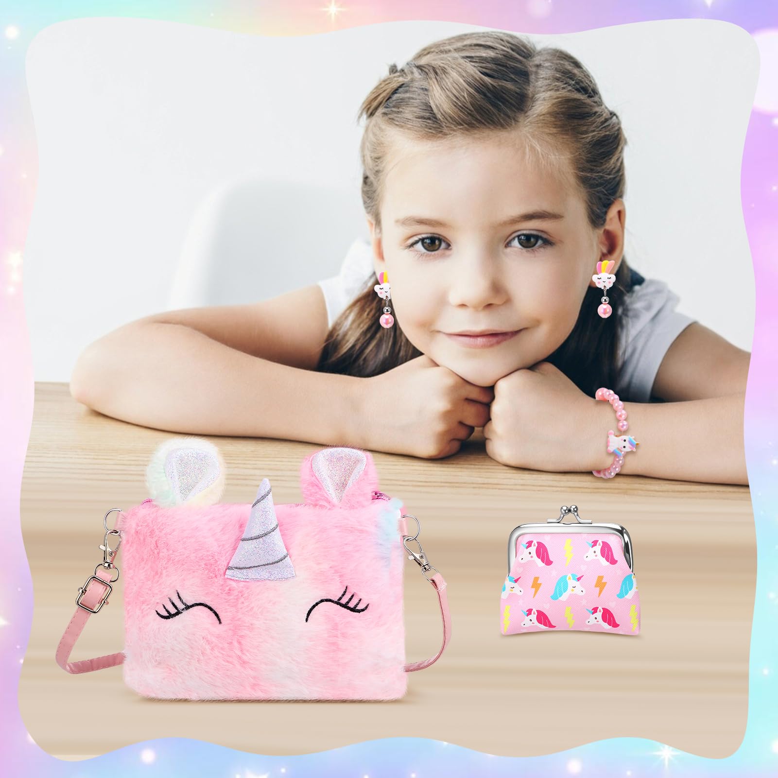 ViEinkaufen Confezione da 13 gioielli per bambini, regali a forma di unicorno, giocattoli per bambine di 4, 5 e 6 anni, con borsa a tracolla, portamonete, collana, braccialetto, adesivi, ideali per