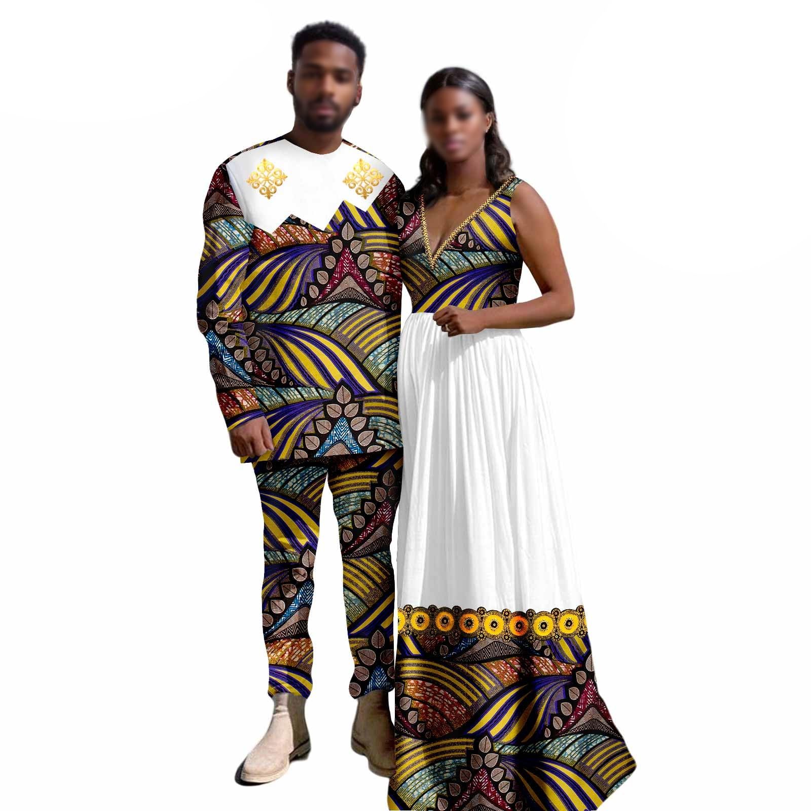 African Couple Attire Matching Sets Ankara V-Neck Long Dresses for Women and Men Suits Dashiki Lovers Outfits Style1