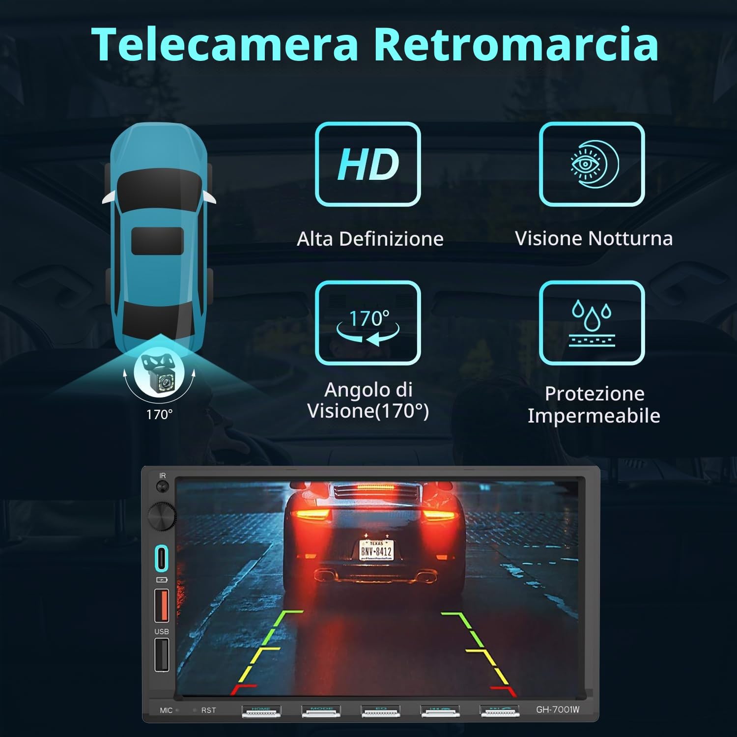 Autoradio Bluetooth 2 DIN con schermo da 7", compatibile con Apple CarPlay [Wireless] Android Auto Type-C USB 3A ricarica rapida telecamera posteriore AM/FM/RDS radio DSP