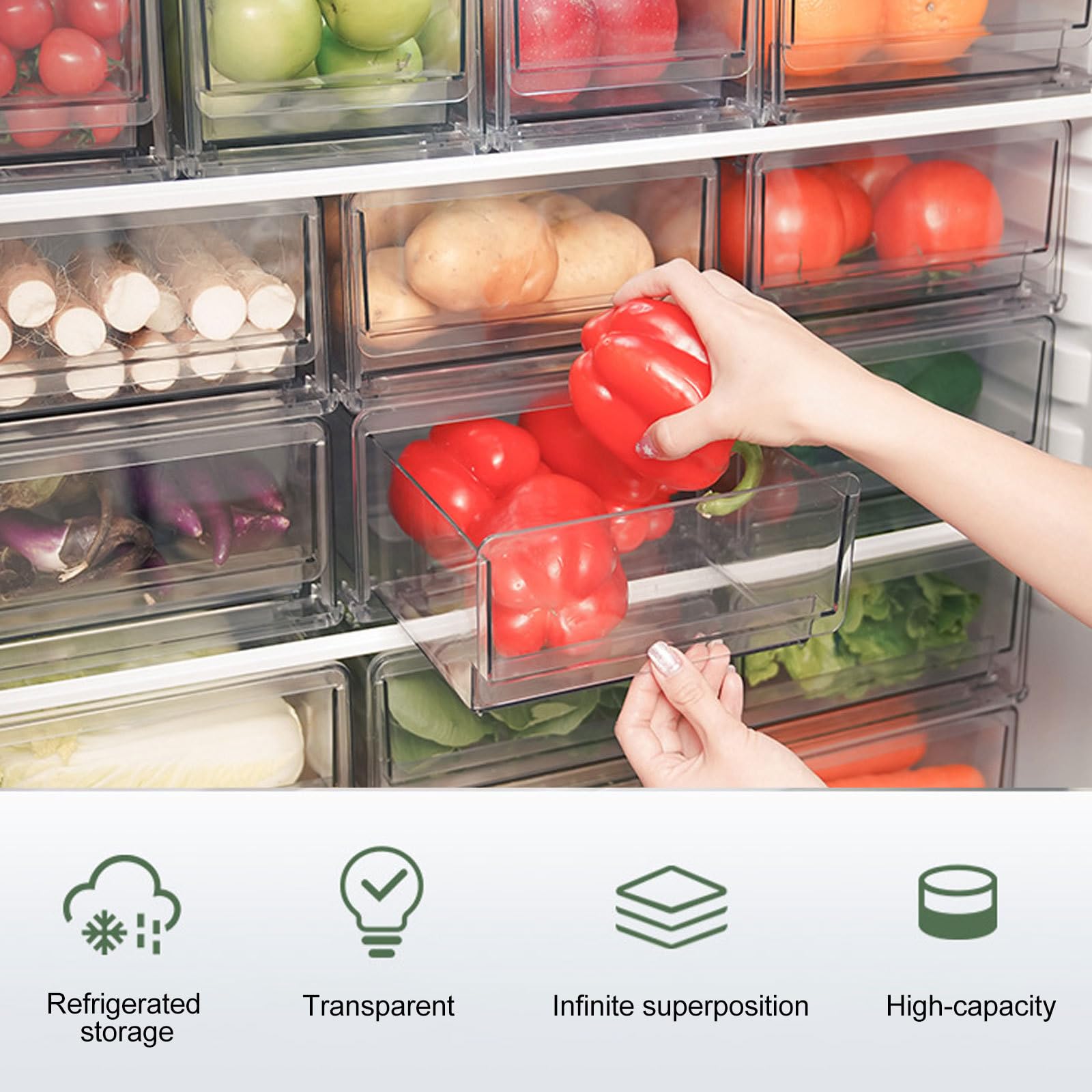 VALICLUD Caja Organizadora para Cocina Diseño Apilable y Cajón Extraíble de Plástico Blanco para Refrigerador Doméstico, Almacenamiento Práctico de Alimentos y Frutas