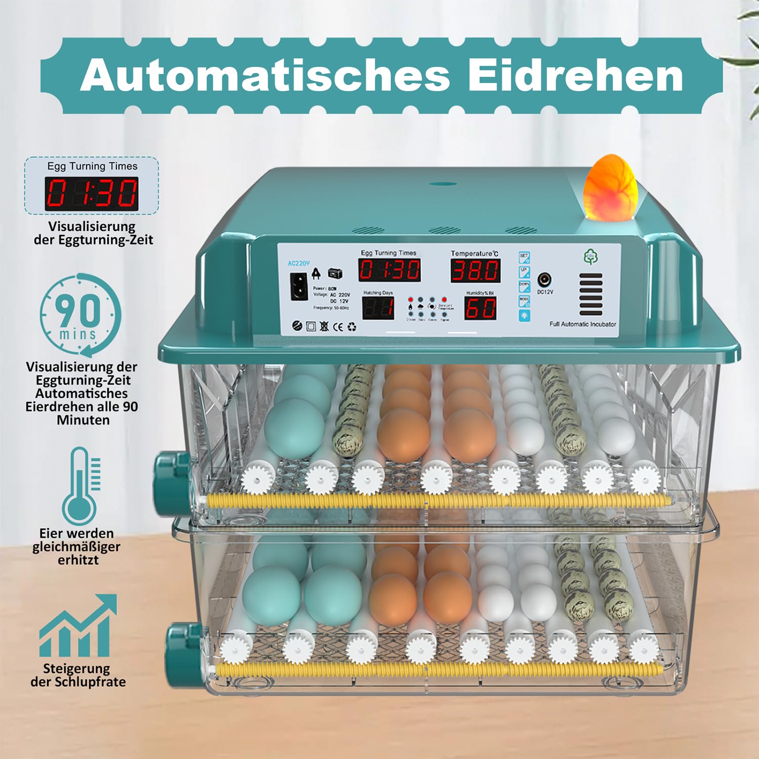 CoInceptus Brutautomat Vollautomatisch Inkubator mit 120 Eier, Brutkasten für Hühner & Wachteln automatischem Wenden, Feuchtigkeitsanzeige und 4 Inkubationsmodus Automatisches Wasser Brutmaschine