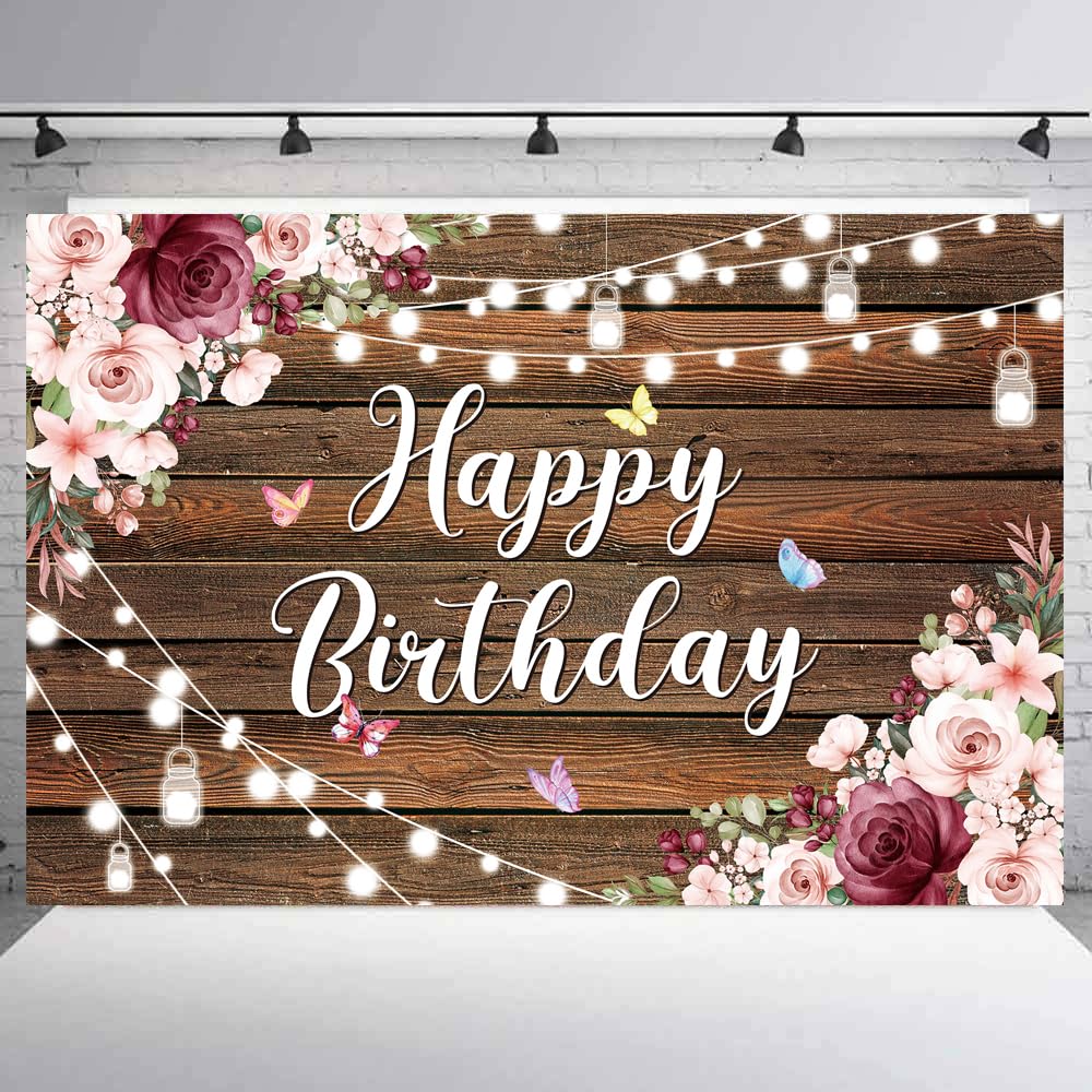 YinQin 180x120 cm Rustic Wood Flower Happy Birthday Backdrops Cloth Rustic Wooden Floral Birthday Photography Backgrounds Flower Butterfly Happy Birthday Sign Banner Party Decorations for Girl Women