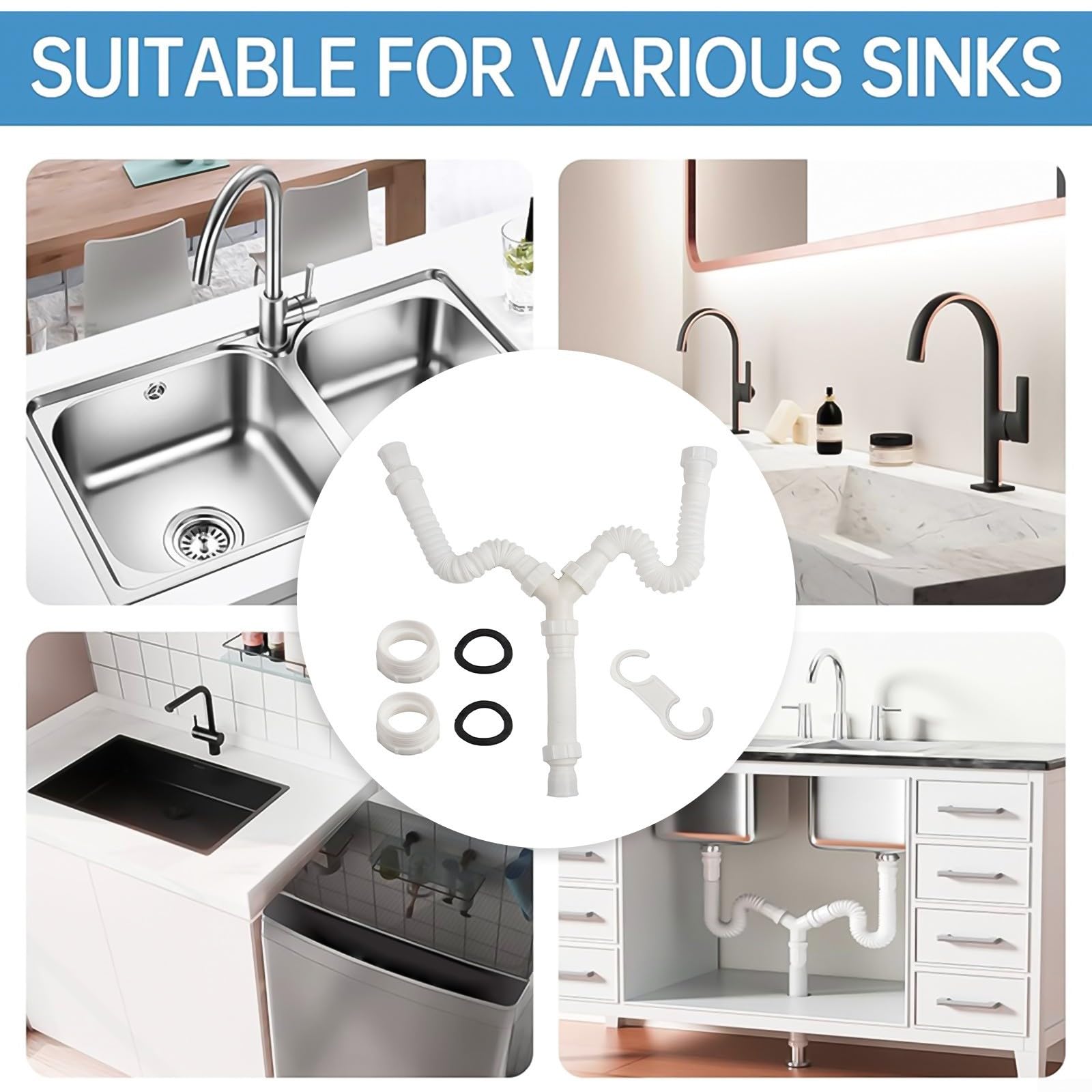 Besttoolifes Kit di scarico doppio per lavello, regolabile, 20-80 cm, flessibile, con adattatori G1-1/2 e G1-1/4, costruzione in PE per lavelli da bagno e cucina