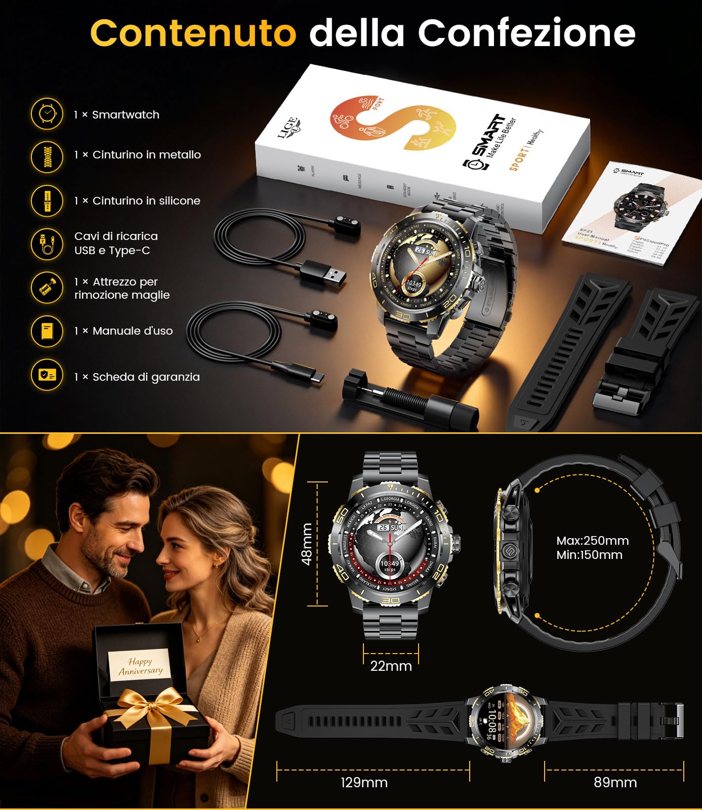 DREMAC Orologio da uomo con chiamata Bluetooth/800 mAh batteria, 1.43'' Amoled Orologio intelligente con frequenza cardiaca, IP68 Smartwatch con 200 modalità sportive per iOS/Android