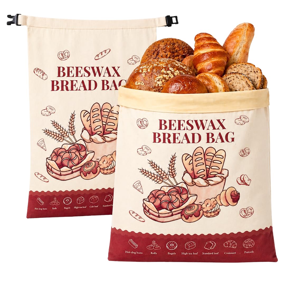 Bread Bags for Homemade Bread - 2 Pack XL Reusable Organic Beeswax Linen Cotton Sourdough Bread Bag, Eco-Friendly Bread Storage Bags with Sealing Zip to Keep Fresh, Perfect for Artisan & Bakery Bread