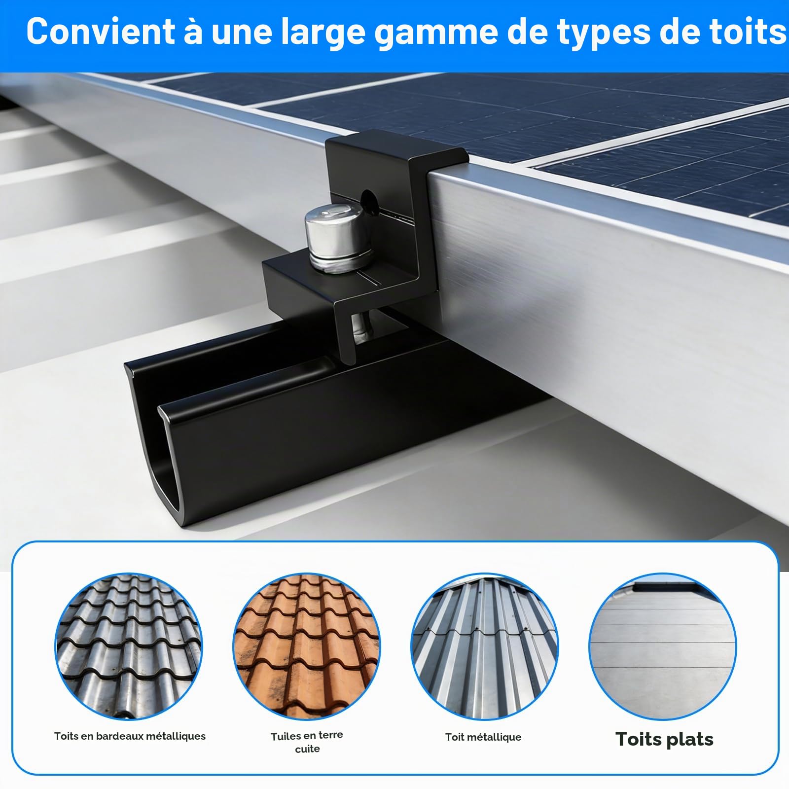 Support de Panneau Solaire pour Modules, Kit de 4 Pack Rails Aluminium 12cm avec 4 Pack Pinces Ajustables pour Modules de 30-35mm, Support pour Toit Trapézoïdal et Toit Plat (4)