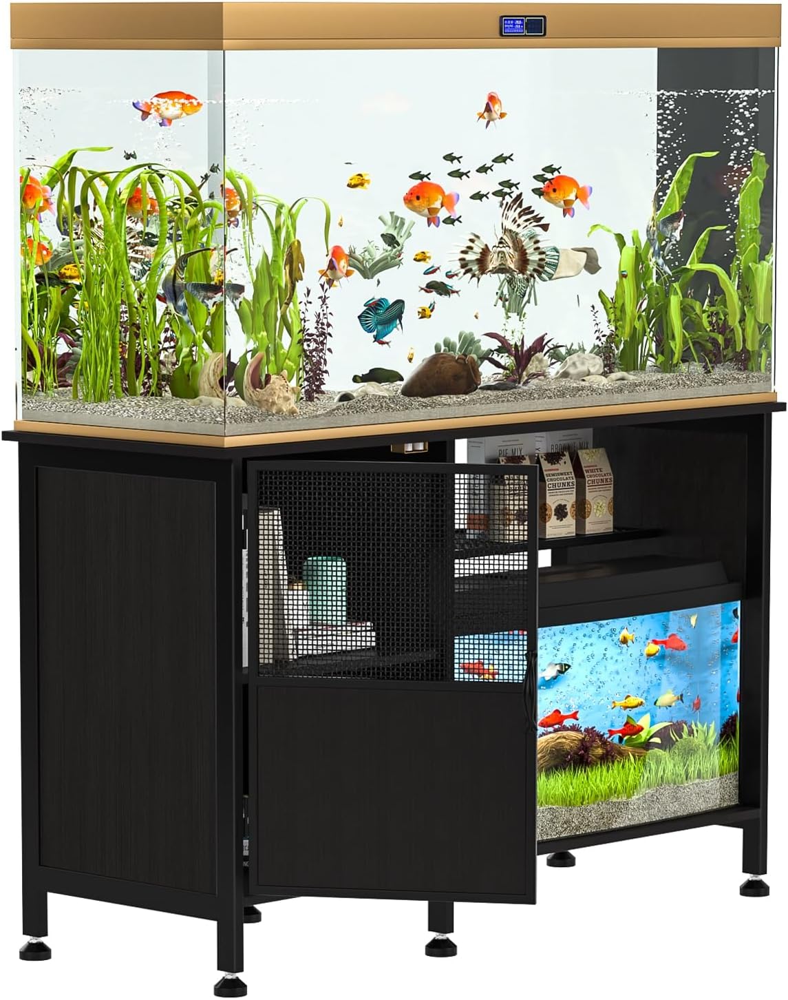 Fish Tank Stand, Elegant Wood and Iron Aquarium Stand - Perfect for Modern Home Aquariums with Extra Storage and Stability（ 51.97" x W 19.69" x H 31.5"） Black
