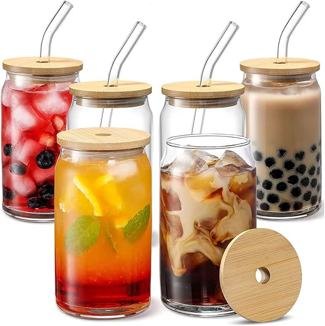 Can Shaped Drinking Glass Cups With Bamboo Lids and Straw, 16 Oz, 4 pcs Set, Beer Can Shaped Glass Cups, Iced Coffee Glasses, Reusable Glass for Water, Wine, Juice, for Cocktail, Soda, Tea, Whiskey .