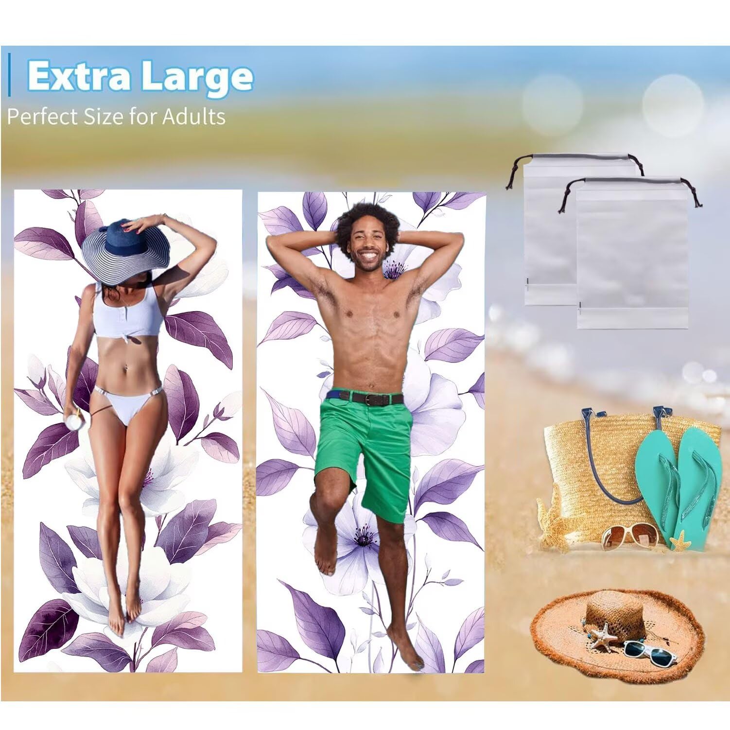 Ręcznik plażowy 90 x 200 cm, zestaw 2 dużych ręczników z mikrofibry szybkoschnący, chłonny, kompaktowy, ręcznik kąpielowy bez piasku lato koc plażowy damski do kąpieli prezent (fioletowe kwiaty) H-471