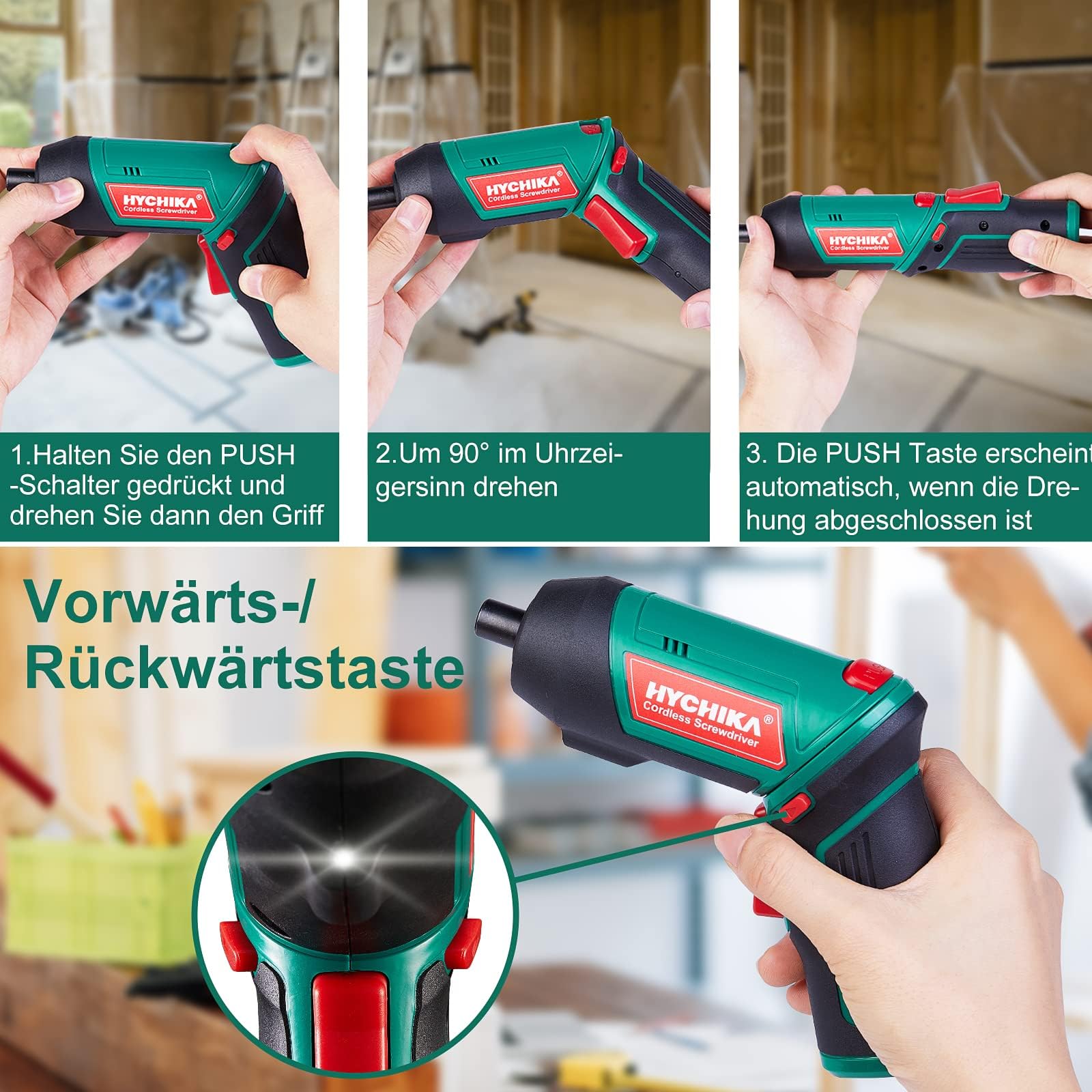 HYCHIKA Akkuschrauber, Cordless Screwdriver 6N·m Drehmoment und 2000mAh Akku 3,6V mit 20 Zubehörteilen, LED Licht, Magnetfutter für Schrauben